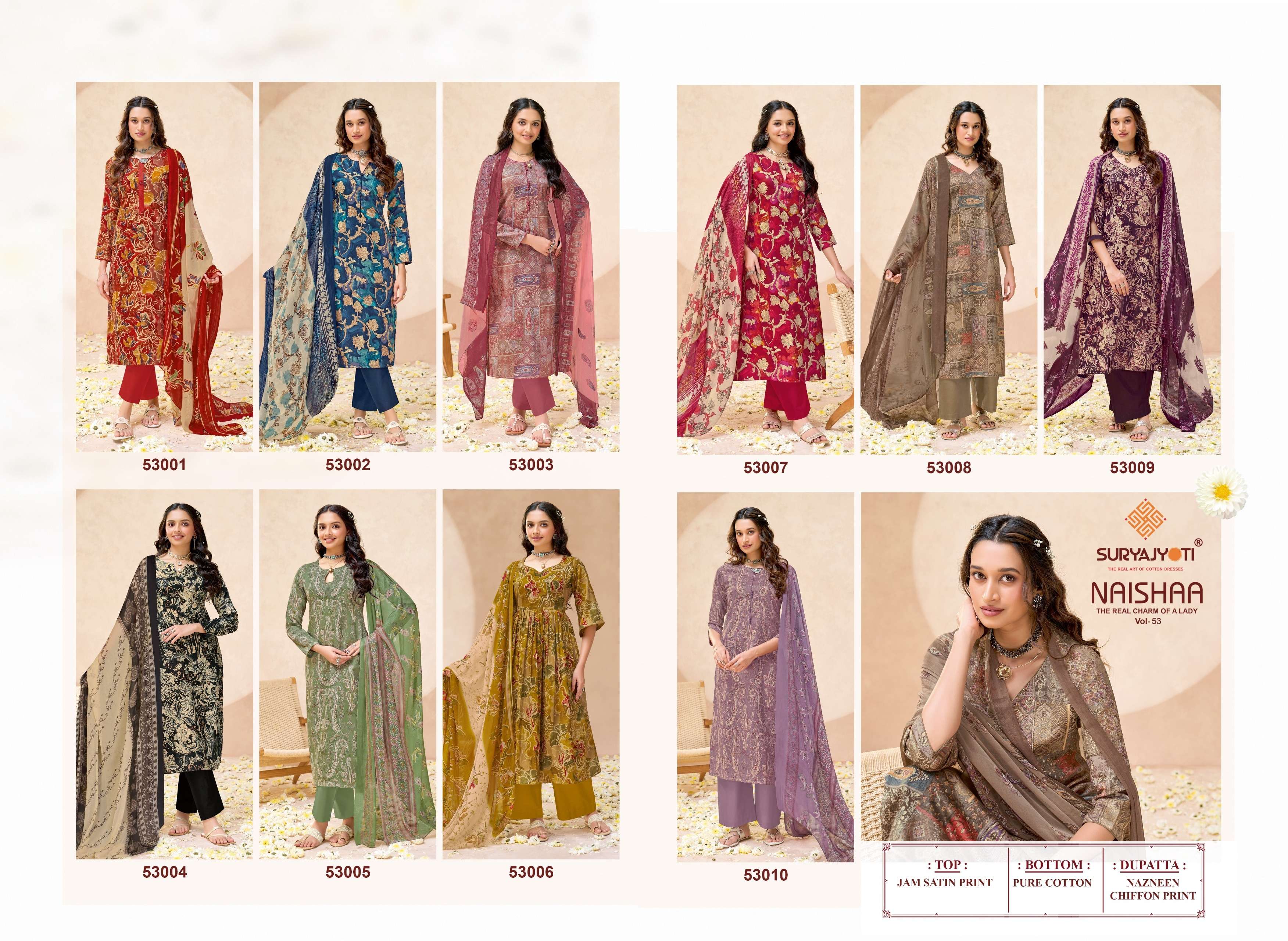 SURYAJYOTI NAISHAA VOL 53 JAM SATIN PRINT WITH FANCY WORK SUIT