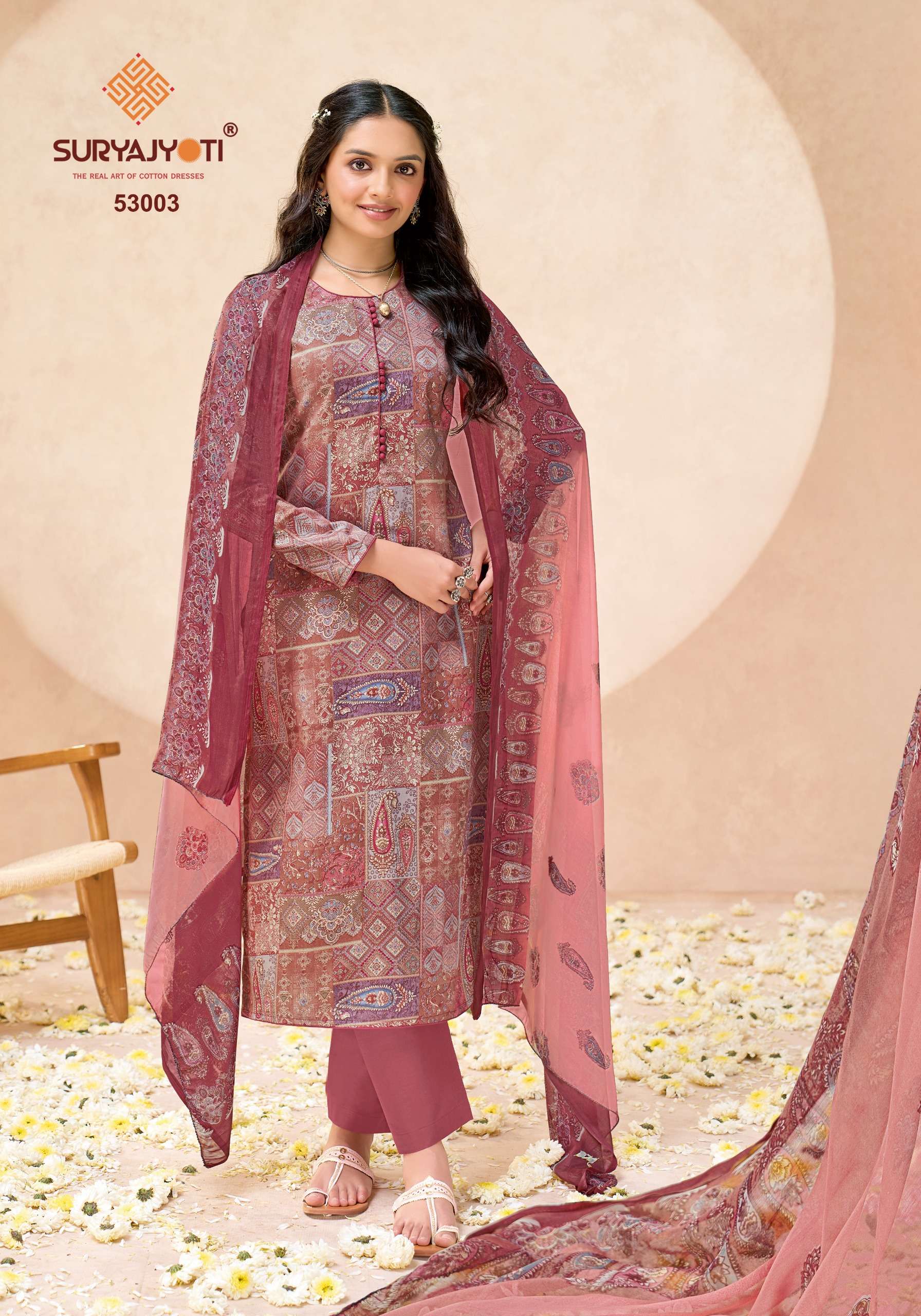 SURYAJYOTI NAISHAA VOL 53 JAM SATIN PRINT WITH FANCY WORK SUIT
