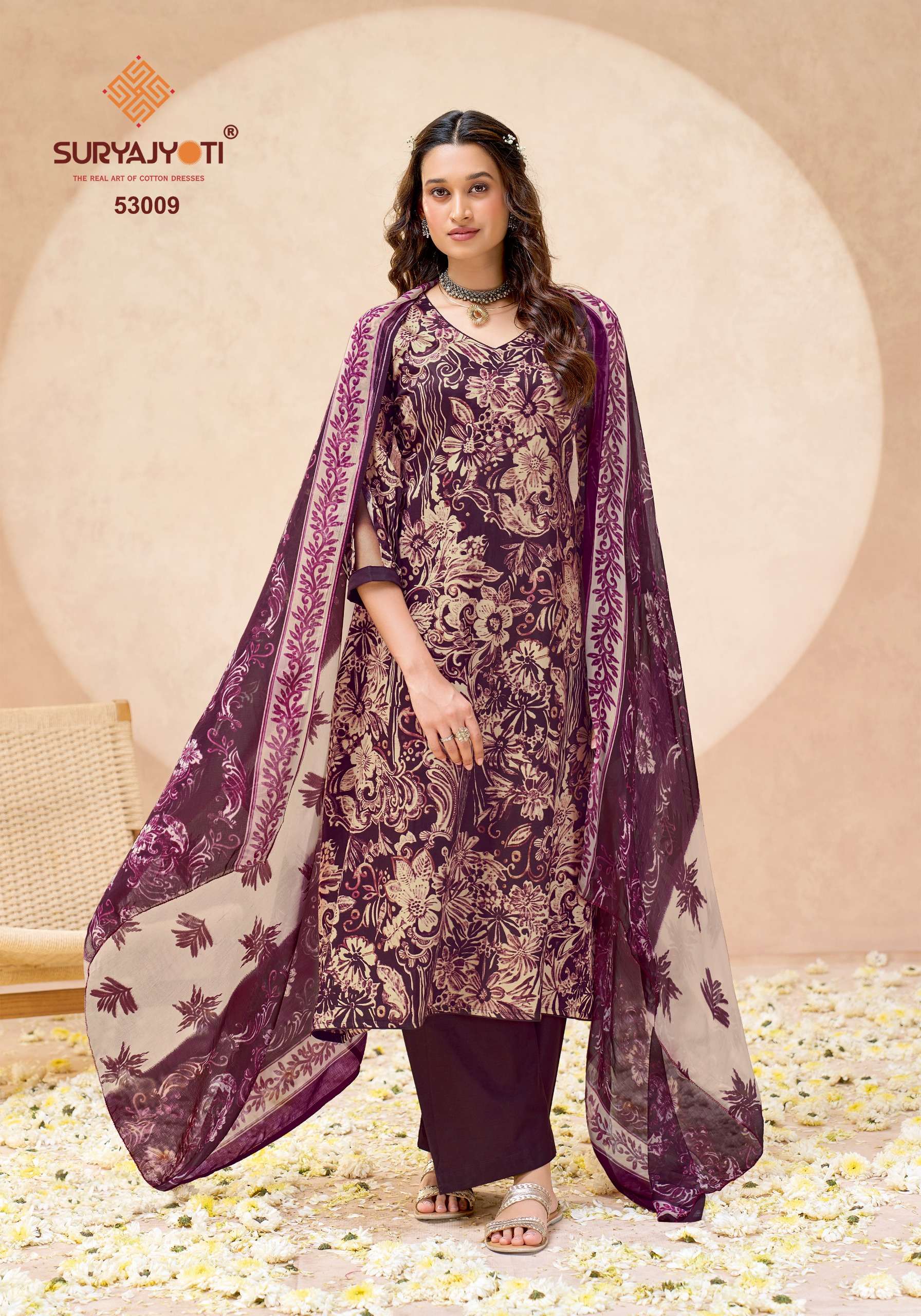 SURYAJYOTI NAISHAA VOL 53 JAM SATIN PRINT WITH FANCY WORK SUIT