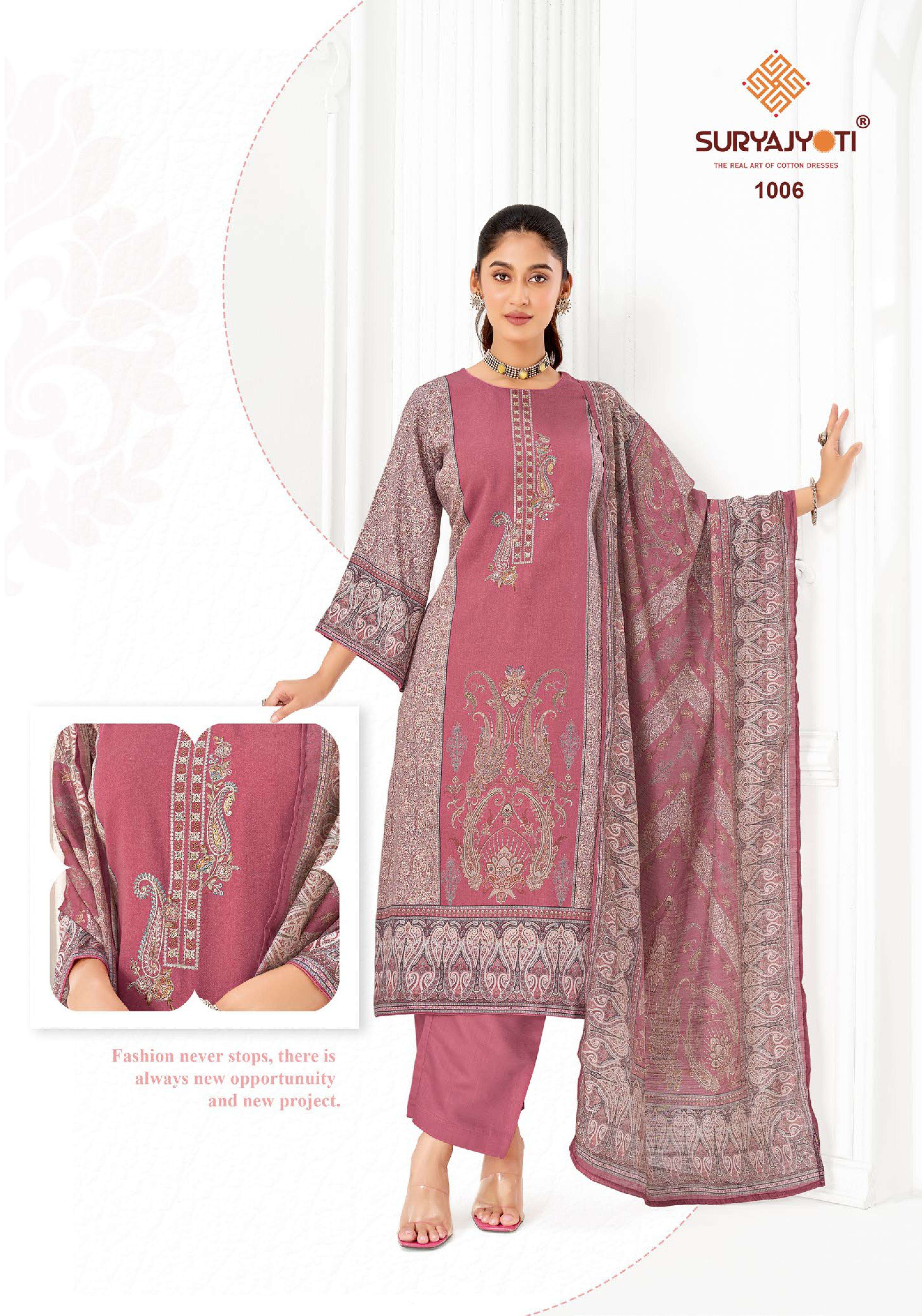 SURYAJYOTI NAMITA VOL 1 JAM SATIN DIGITAL PRINT WITH FANCY EMBROIDERY WORK SUIT