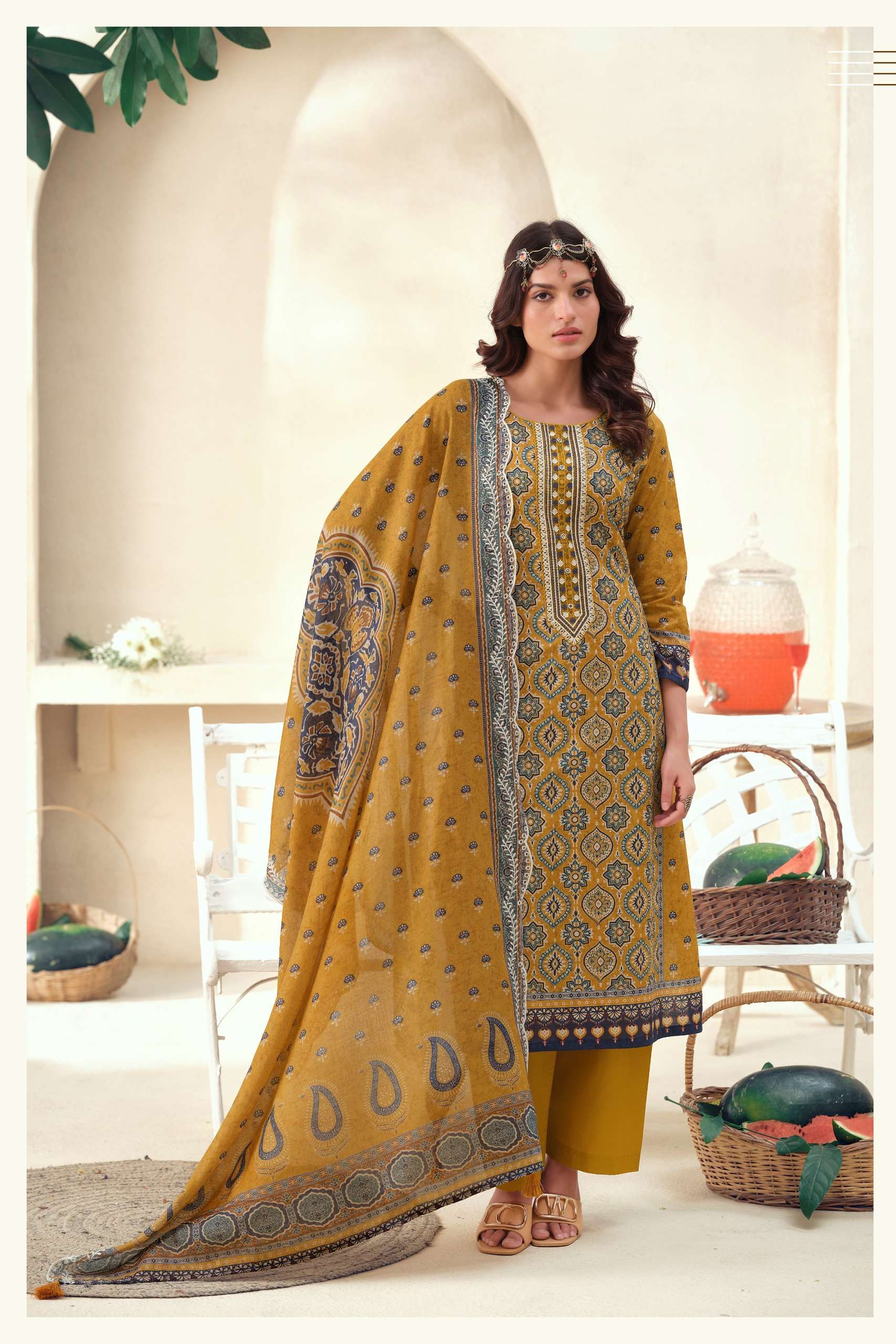 THE HERMITAGE SHOP AJRAKH VOL 1 LAWN COTTON DIGITAL PRINT WITH FANCY WORK SUIT