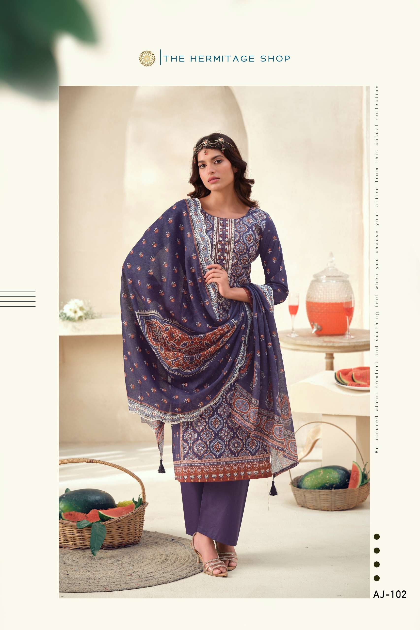 THE HERMITAGE SHOP AJRAKH VOL 1 LAWN COTTON DIGITAL PRINT WITH FANCY WORK SUIT