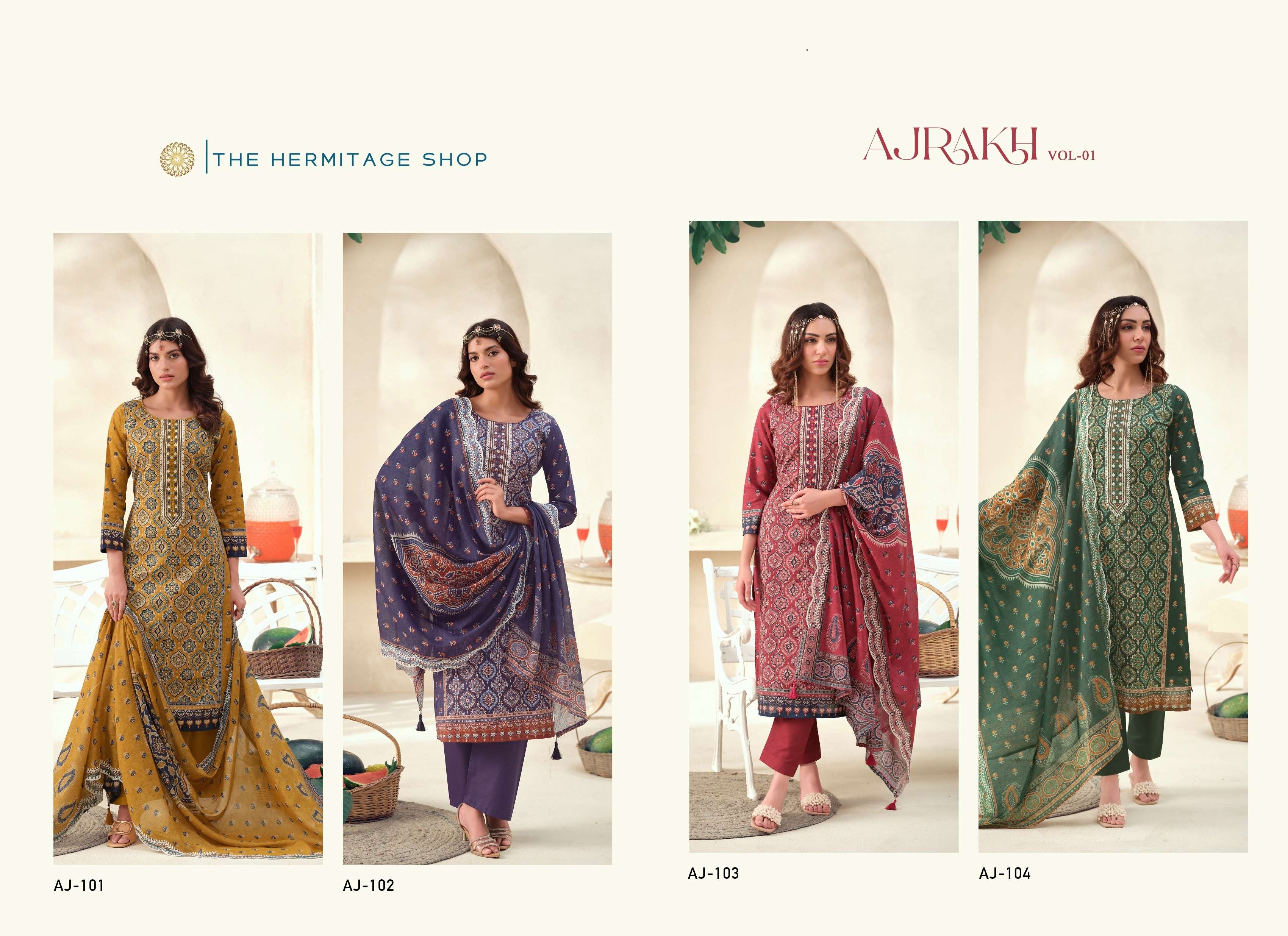 THE HERMITAGE SHOP AJRAKH VOL 1 LAWN COTTON DIGITAL PRINT WITH FANCY WORK SUIT