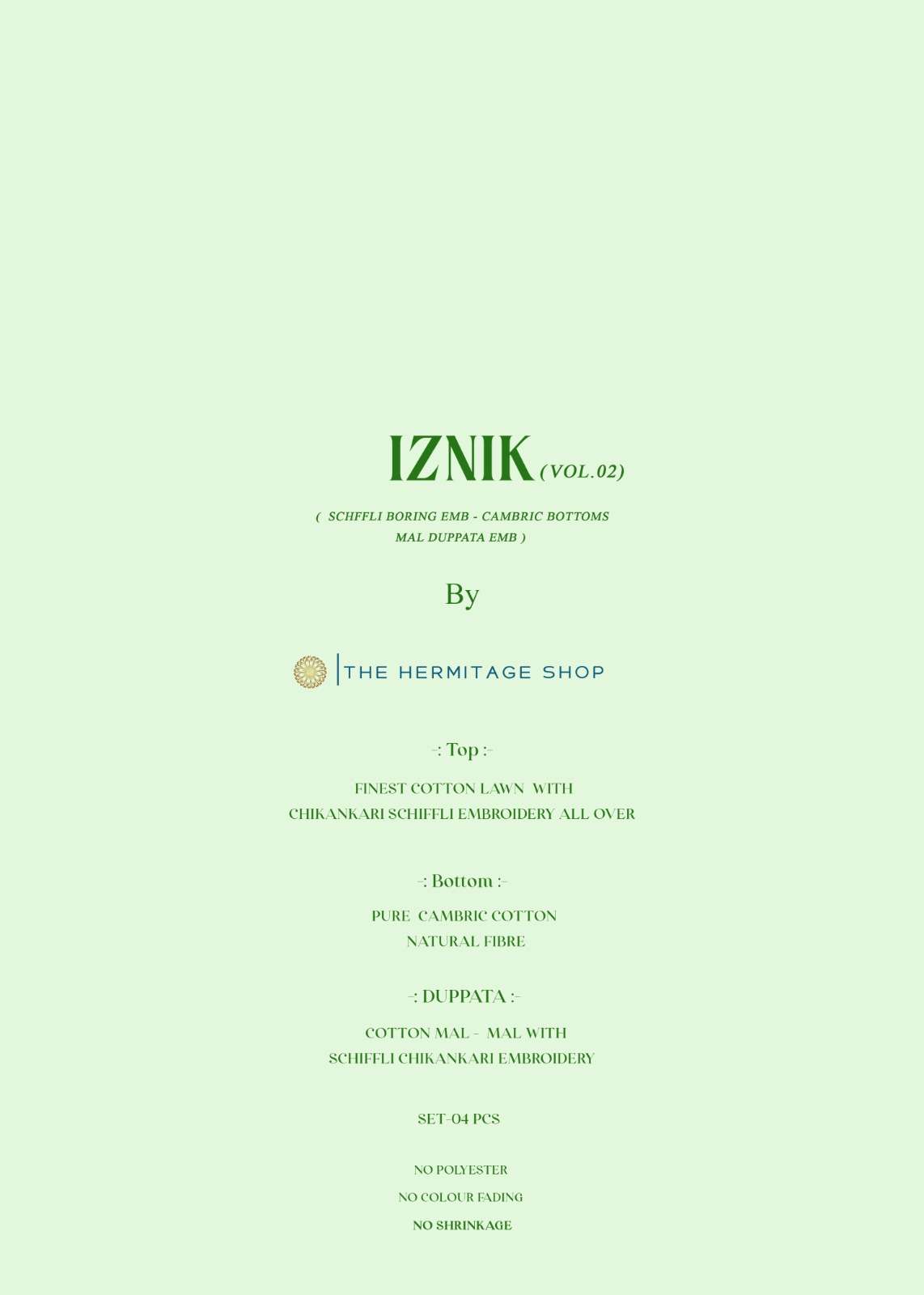 THE HERMITAGE SHOP IZNIK VOL 2 LAWN COTTON DIGITAL PRINT WITH FANCY WORK SUIT