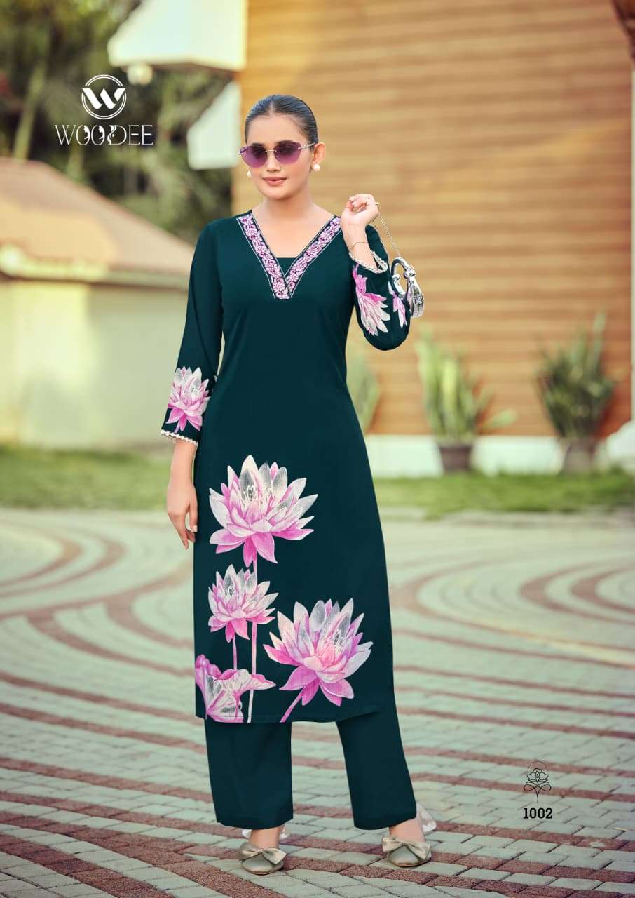 WOODEE HARMEEN RAYON PRINT WITH FANCY WORKS LADIES KURTI WITH BOTTOM PAIR 