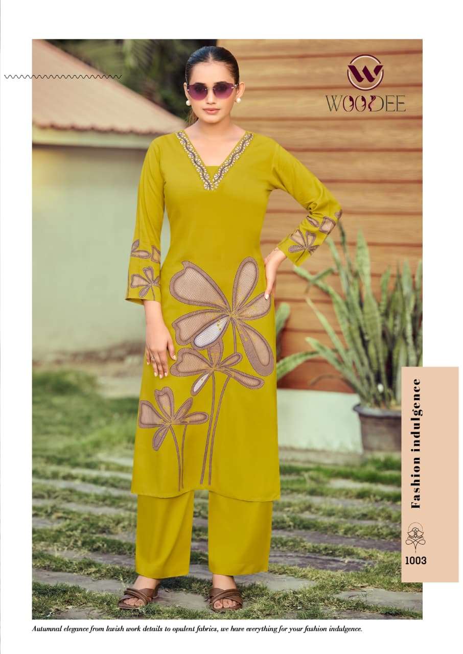 WOODEE HARMEEN RAYON PRINT WITH FANCY WORKS LADIES KURTI WITH BOTTOM PAIR 