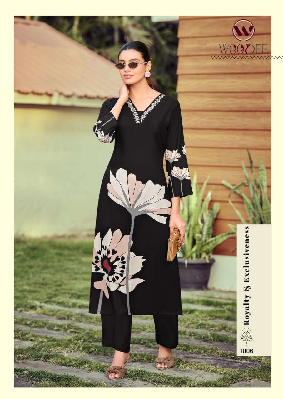 WOODEE HARMEEN RAYON PRINT WITH FANCY WORKS LADIES KURTI WITH BOTTOM PAIR 