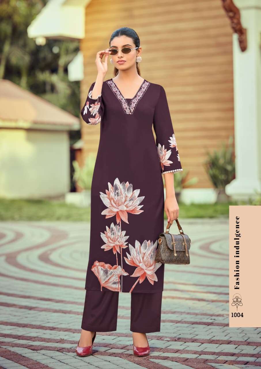 WOODEE HARMEEN RAYON PRINT WITH FANCY WORKS LADIES KURTI WITH BOTTOM PAIR 