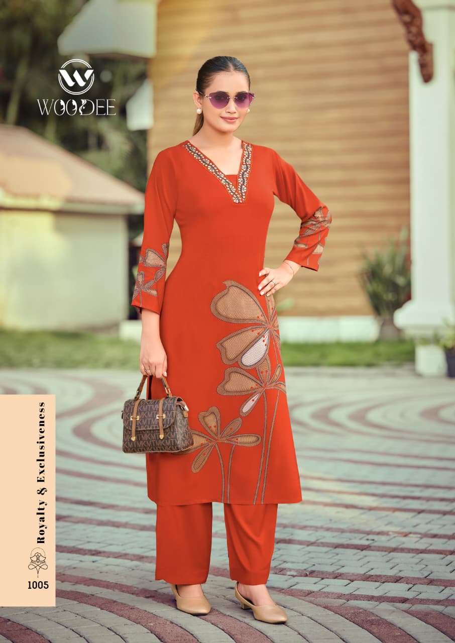 WOODEE HARMEEN RAYON PRINT WITH FANCY WORKS LADIES KURTI WITH BOTTOM PAIR 