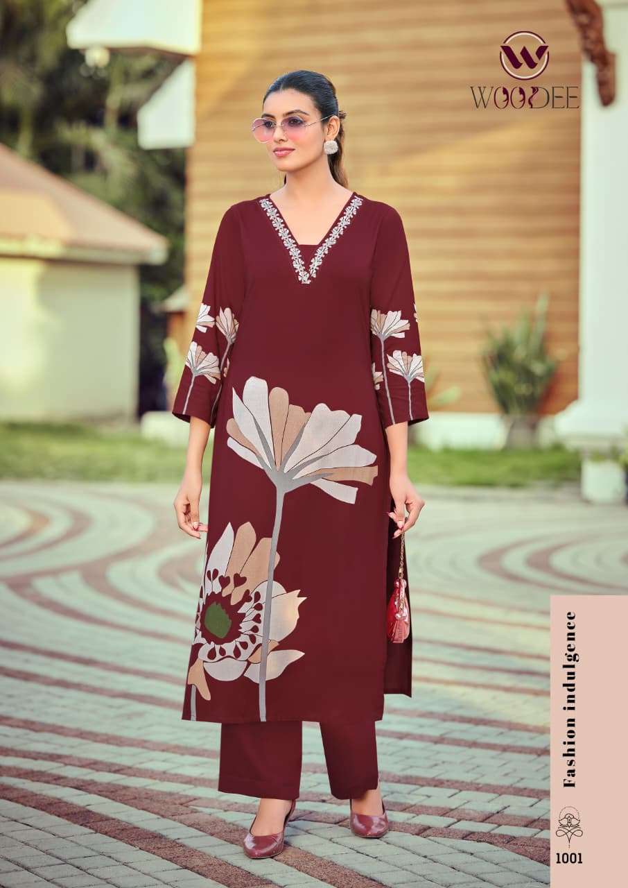 WOODEE HARMEEN RAYON PRINT WITH FANCY WORKS LADIES KURTI WITH BOTTOM PAIR 