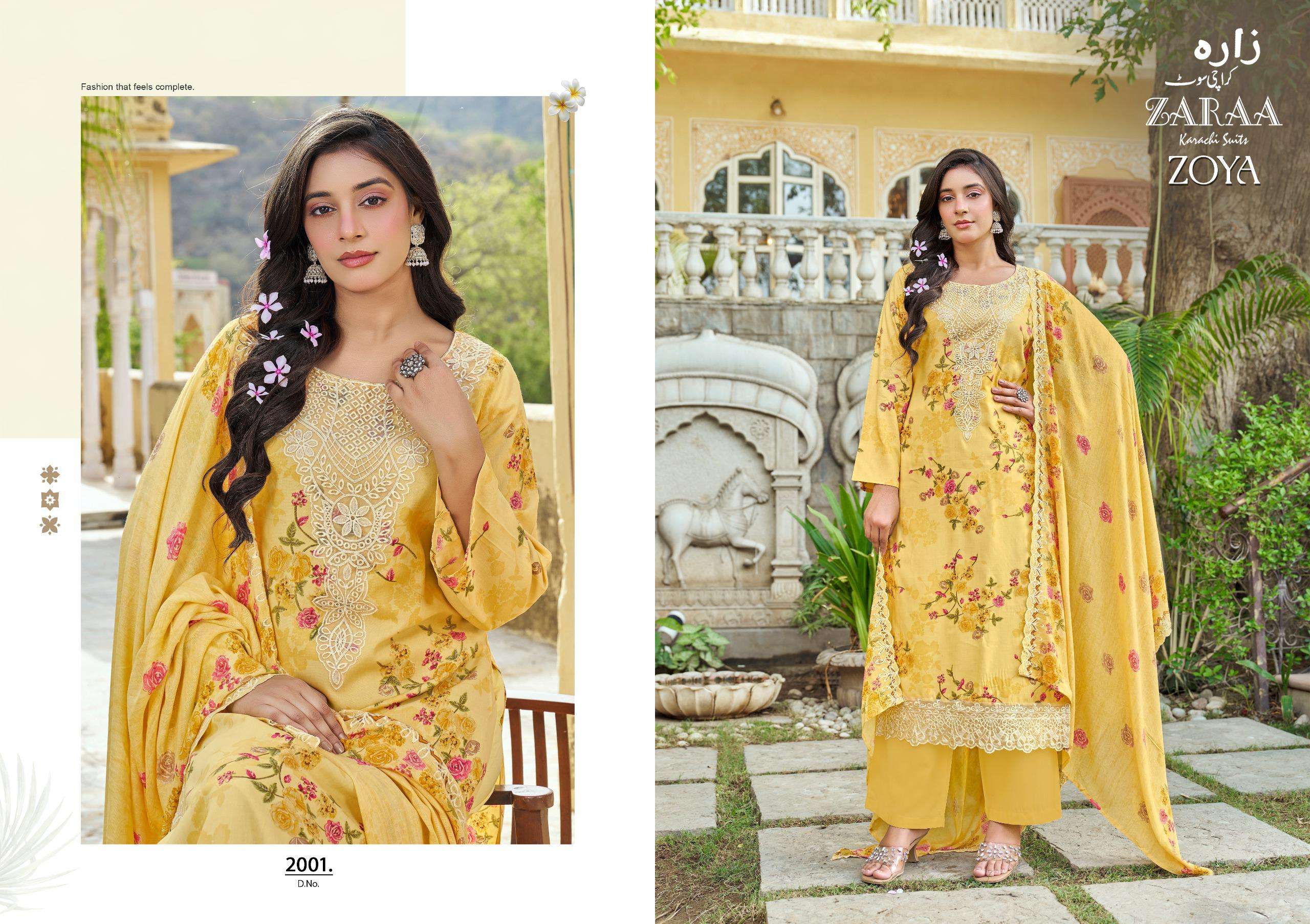 ZAARA KARACHI SUITS ZOYA VOL 2 COTTON DIGITAL PRINT WITH FANCY KASHMIRI WORK SUIT