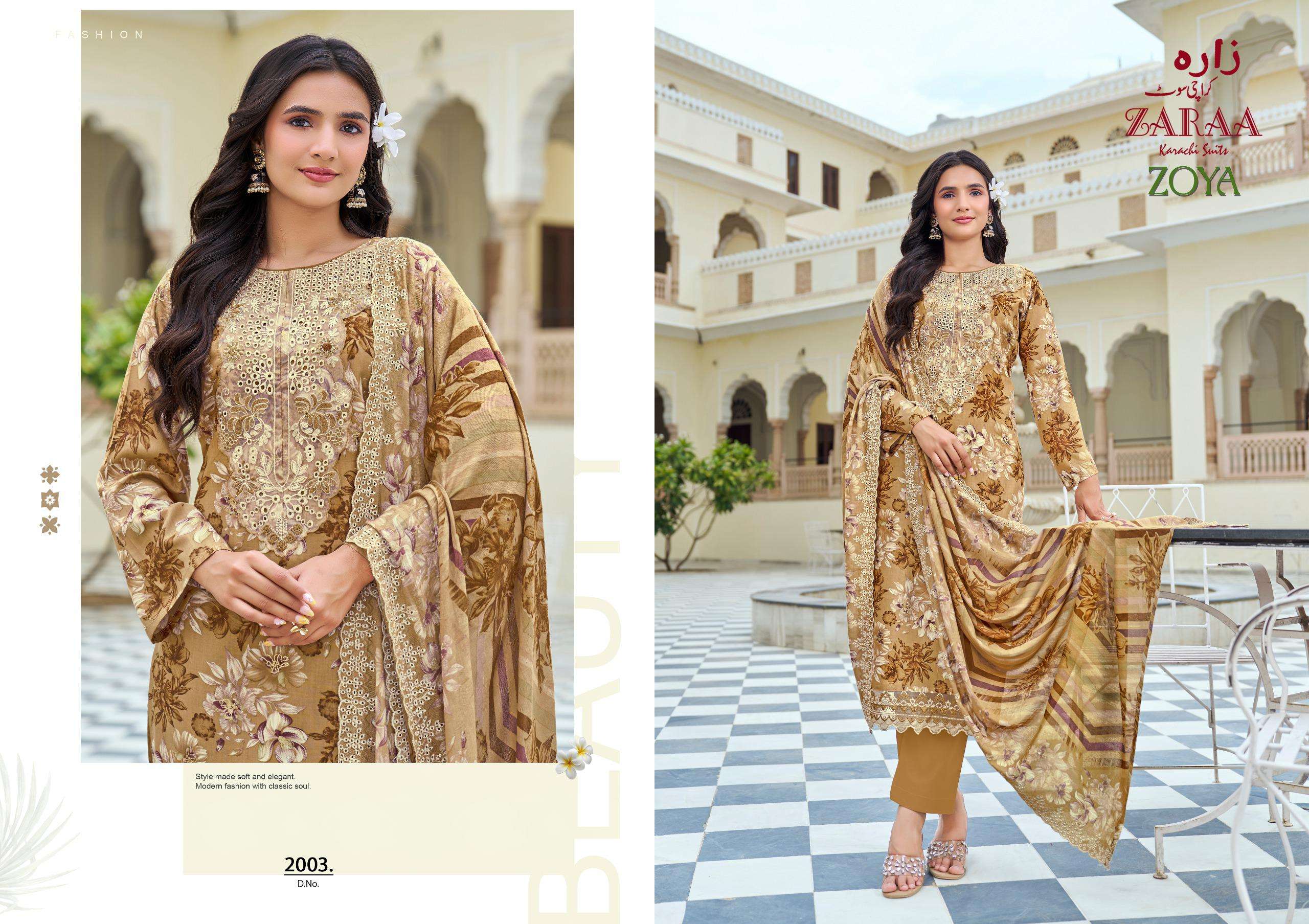 ZAARA KARACHI SUITS ZOYA VOL 2 COTTON DIGITAL PRINT WITH FANCY KASHMIRI WORK SUIT