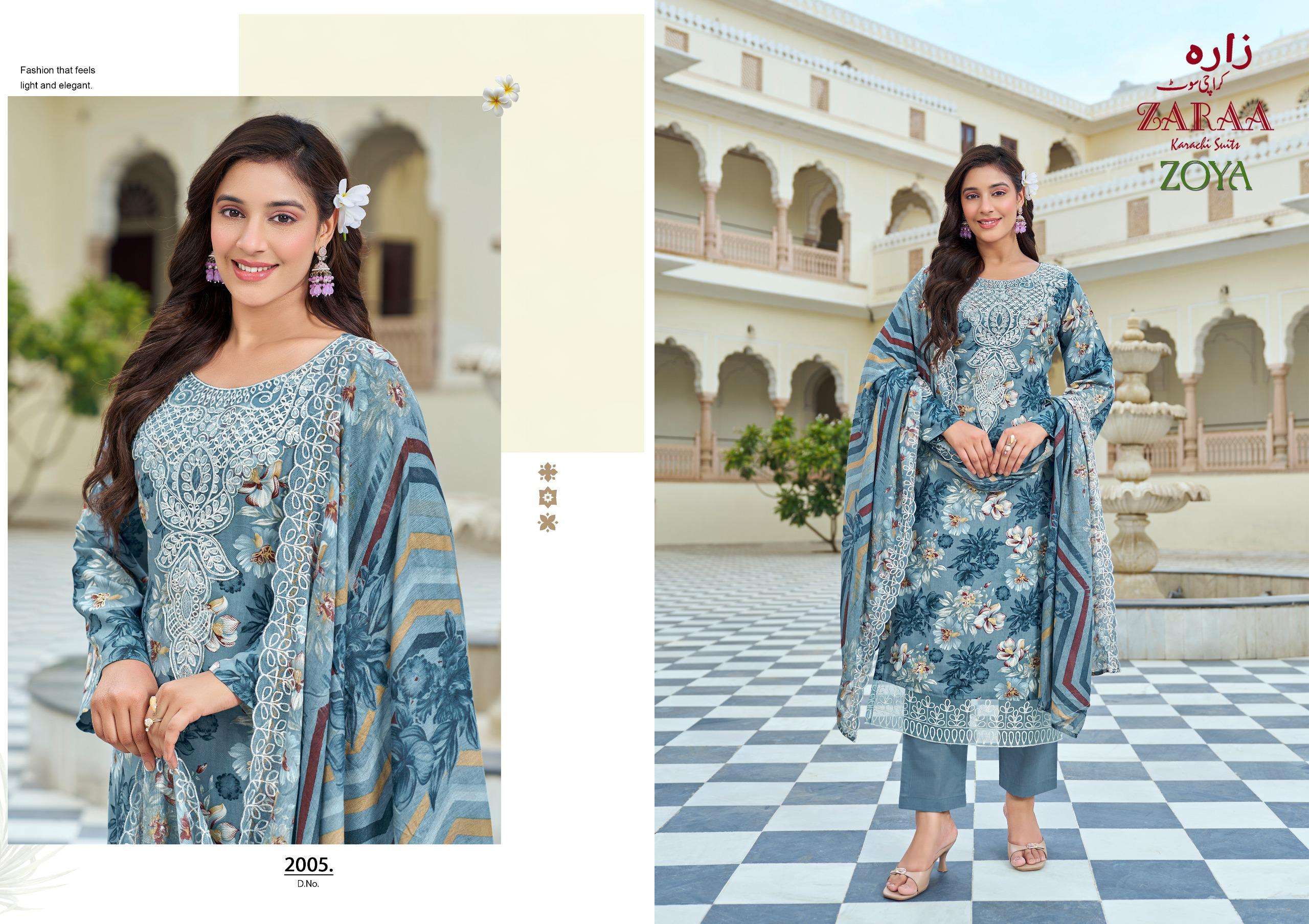 ZAARA KARACHI SUITS ZOYA VOL 2 COTTON DIGITAL PRINT WITH FANCY KASHMIRI WORK SUIT