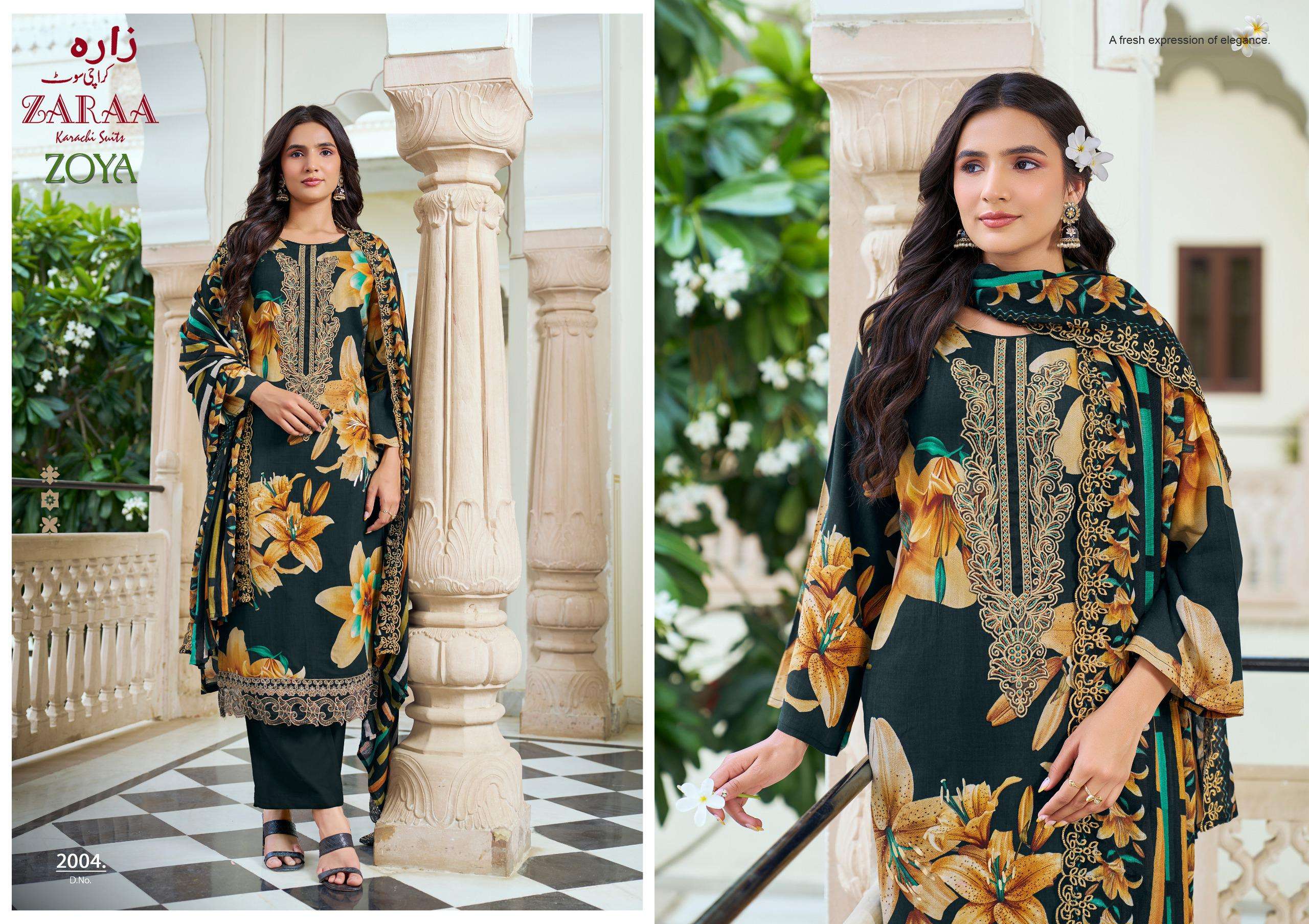 ZAARA KARACHI SUITS ZOYA VOL 2 COTTON DIGITAL PRINT WITH FANCY KASHMIRI WORK SUIT