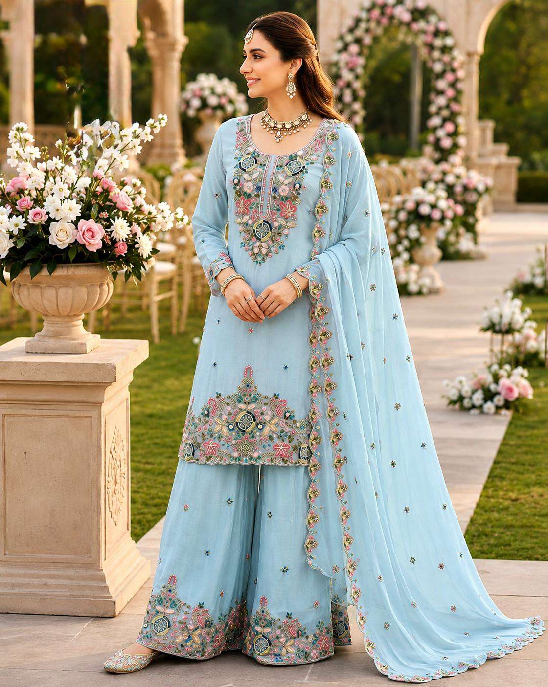 ZC 8025 CHANDERI SILK DESIGNER WORK PARTY WEAR LADIES SHARARA SUIT