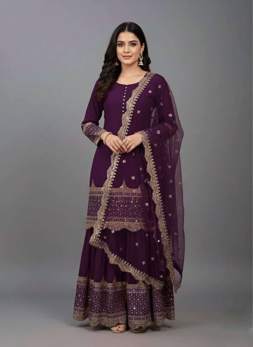 ZF 250 EMBROIDERY DESIGNER LONG GOWN WITH SHARARA AND DUPATTA SET 