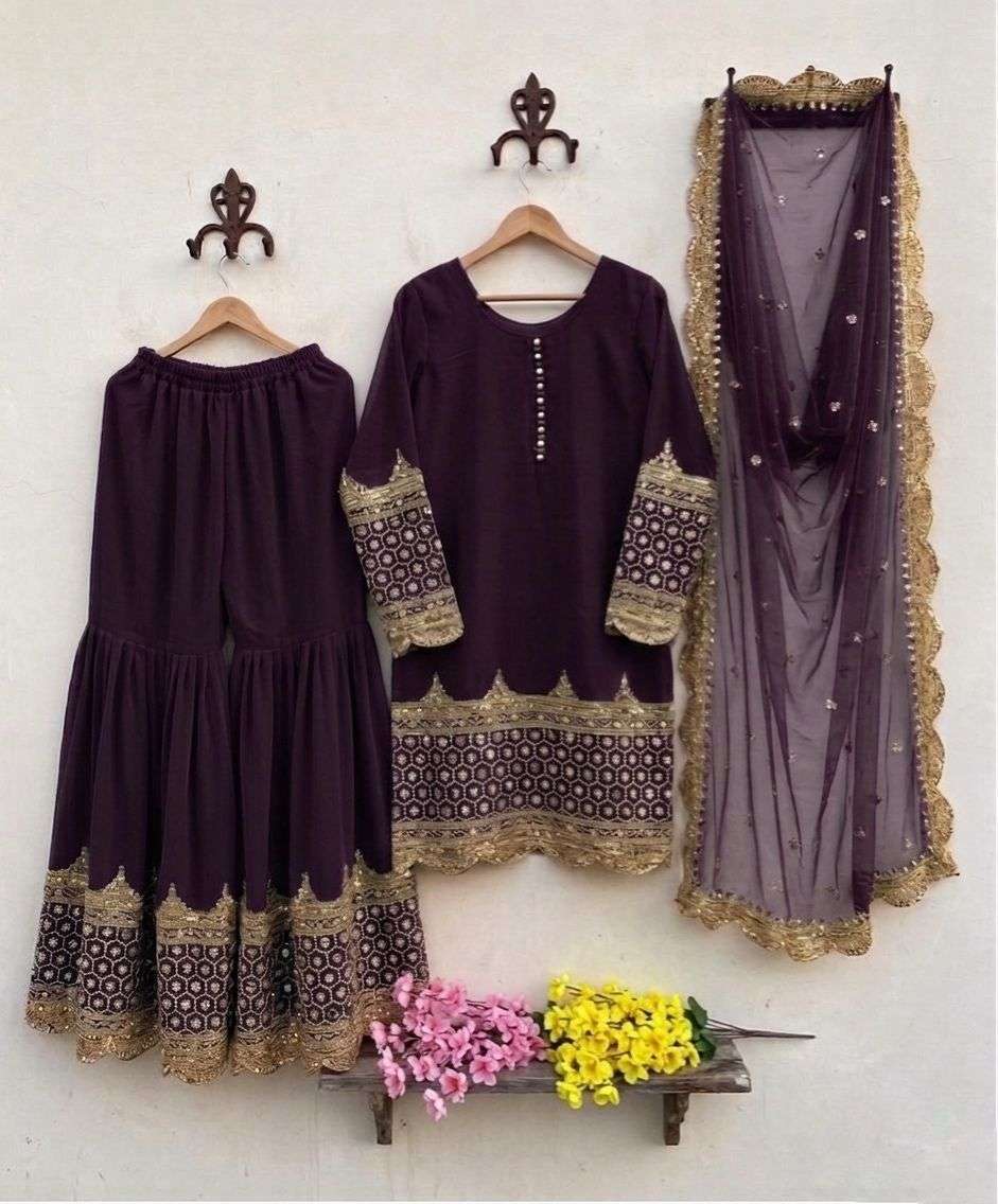 ZF 250 EMBROIDERY DESIGNER LONG GOWN WITH SHARARA AND DUPATTA SET 