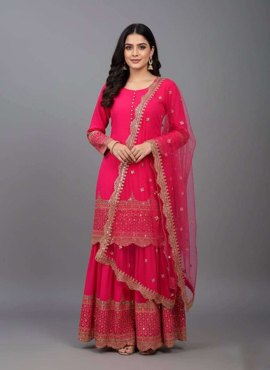 ZF 250 EMBROIDERY DESIGNER LONG GOWN WITH SHARARA AND DUPATTA SET 
