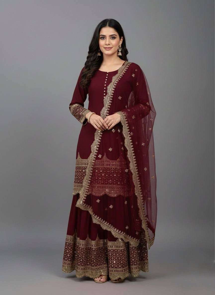 ZF 250 EMBROIDERY DESIGNER LONG GOWN WITH SHARARA AND DUPATTA SET 
