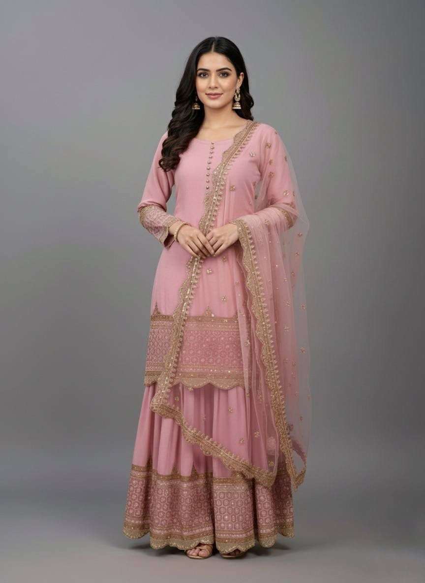 ZF 250 EMBROIDERY DESIGNER LONG GOWN WITH SHARARA AND DUPATTA SET 
