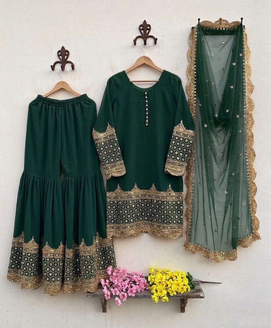 ZF 250 EMBROIDERY DESIGNER LONG GOWN WITH SHARARA AND DUPATTA SET 