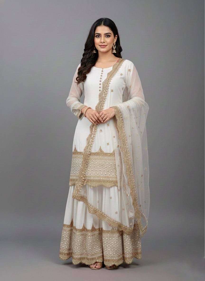 ZF 250 EMBROIDERY DESIGNER LONG GOWN WITH SHARARA AND DUPATTA SET 