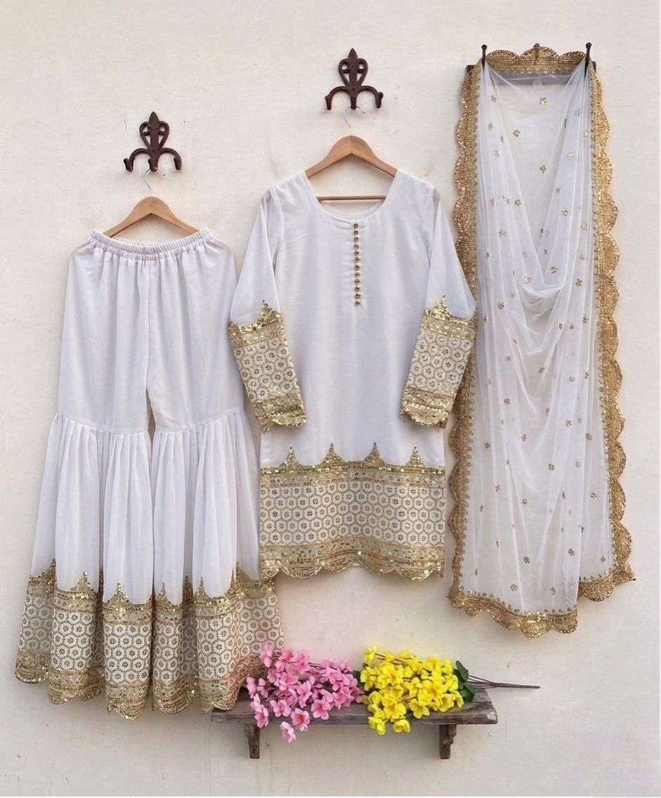 ZF 250 EMBROIDERY DESIGNER LONG GOWN WITH SHARARA AND DUPATTA SET 
