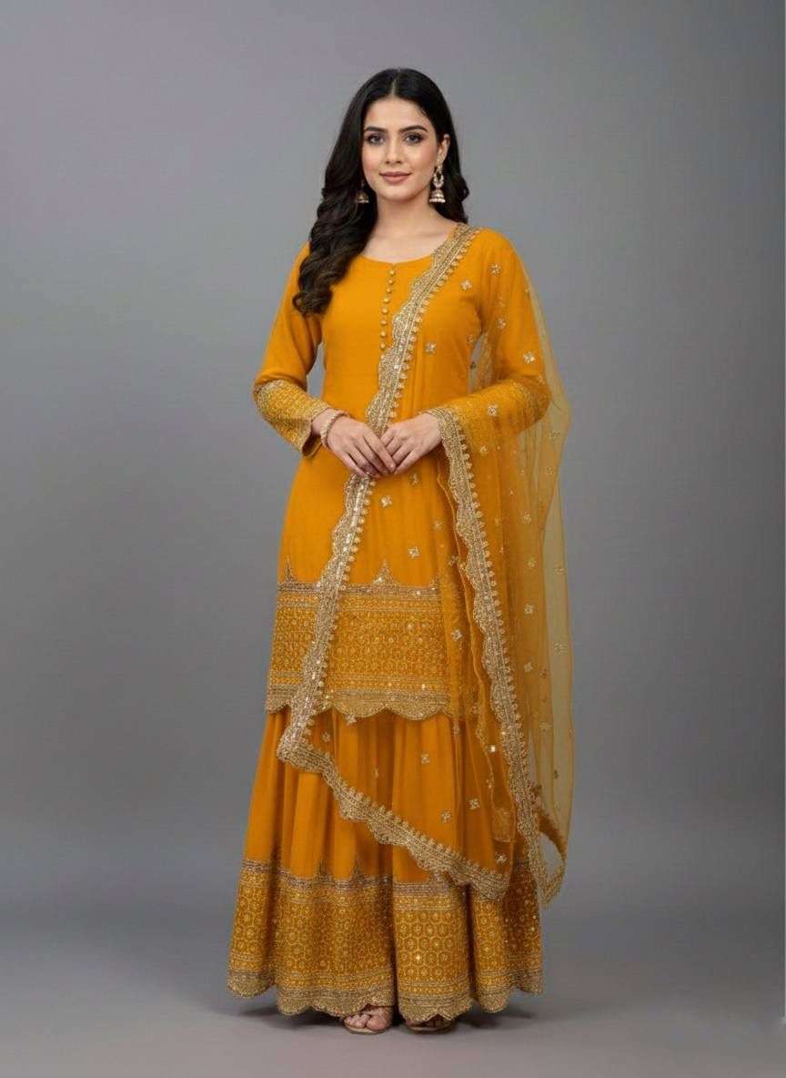 ZF 250 EMBROIDERY DESIGNER LONG GOWN WITH SHARARA AND DUPATTA SET 