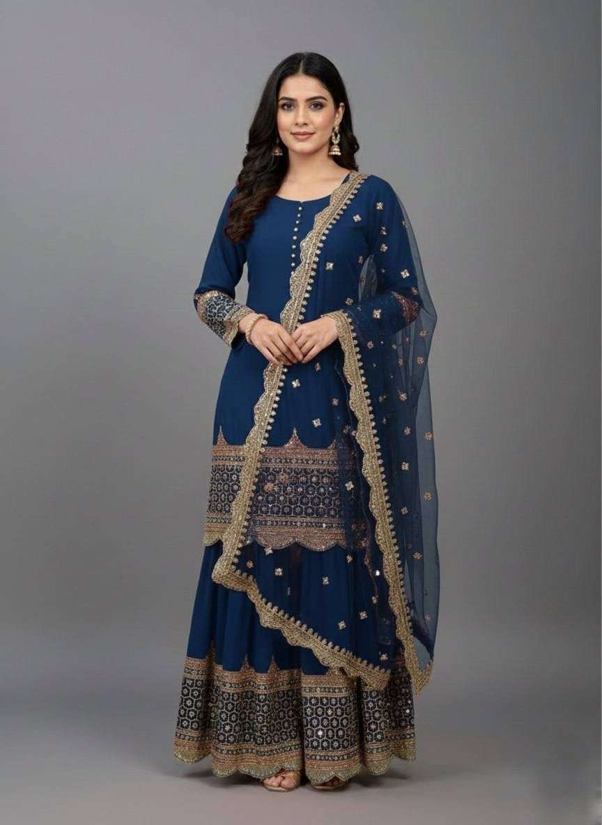 ZF 250 EMBROIDERY DESIGNER LONG GOWN WITH SHARARA AND DUPATTA SET 