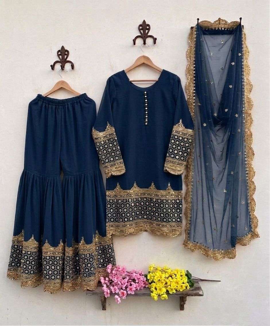ZF 250 EMBROIDERY DESIGNER LONG GOWN WITH SHARARA AND DUPATTA SET 