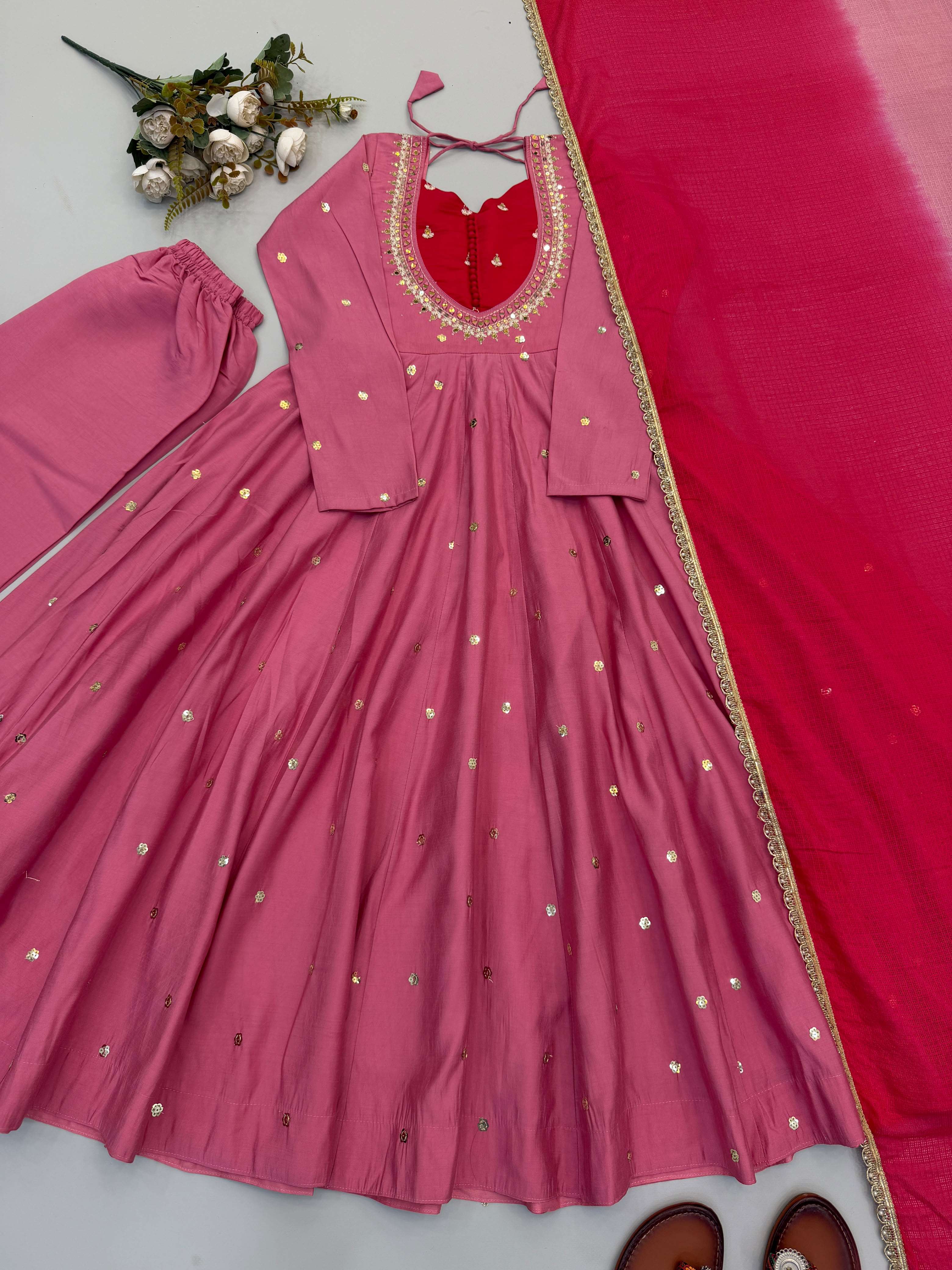 ZF 5023 SILK SEQUENCE EMBROIDERY DESIGNER WORK READY MADE ANARKALI GOWN STYLE SUIT