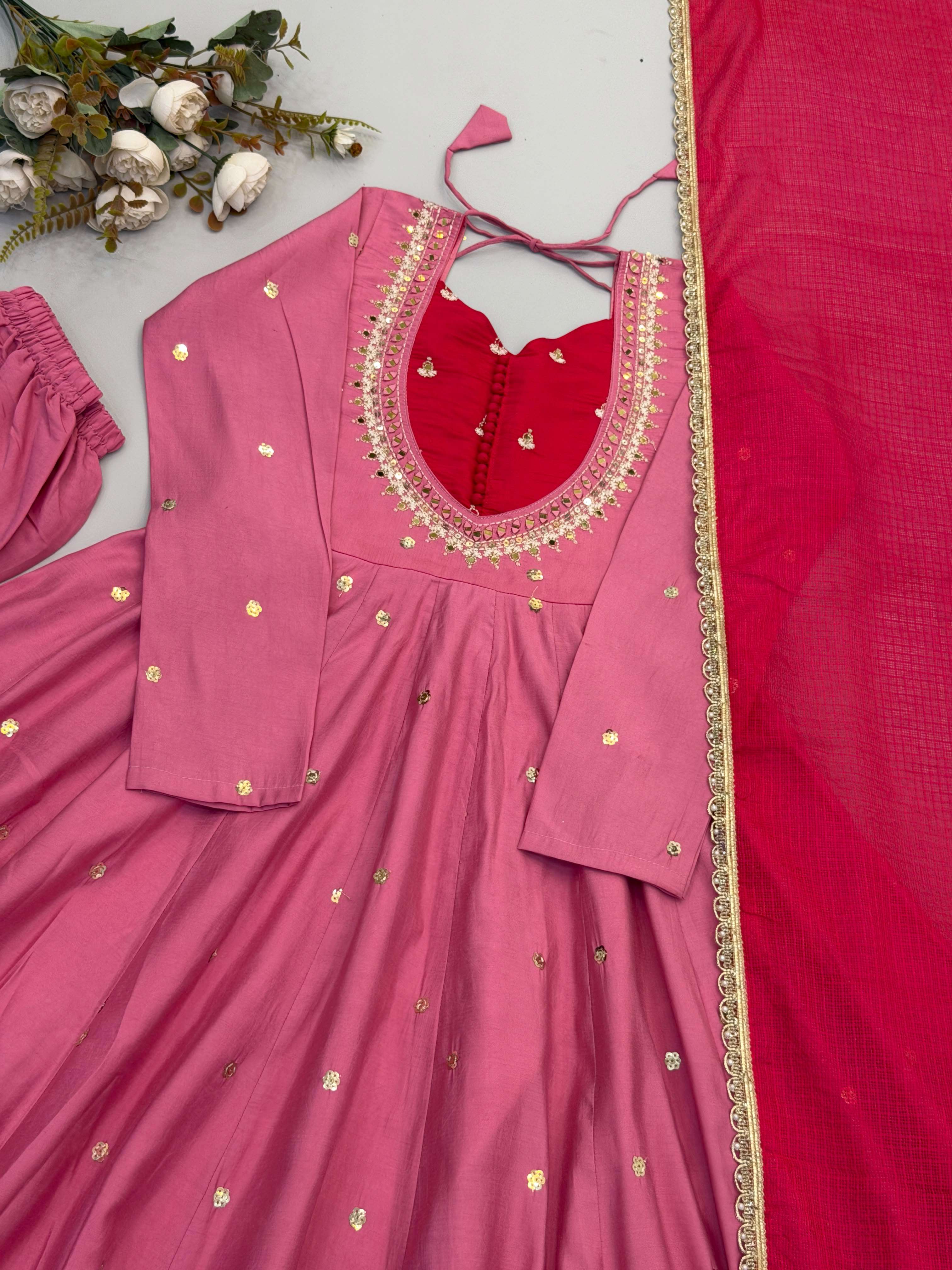 ZF 5023 SILK SEQUENCE EMBROIDERY DESIGNER WORK READY MADE ANARKALI GOWN STYLE SUIT