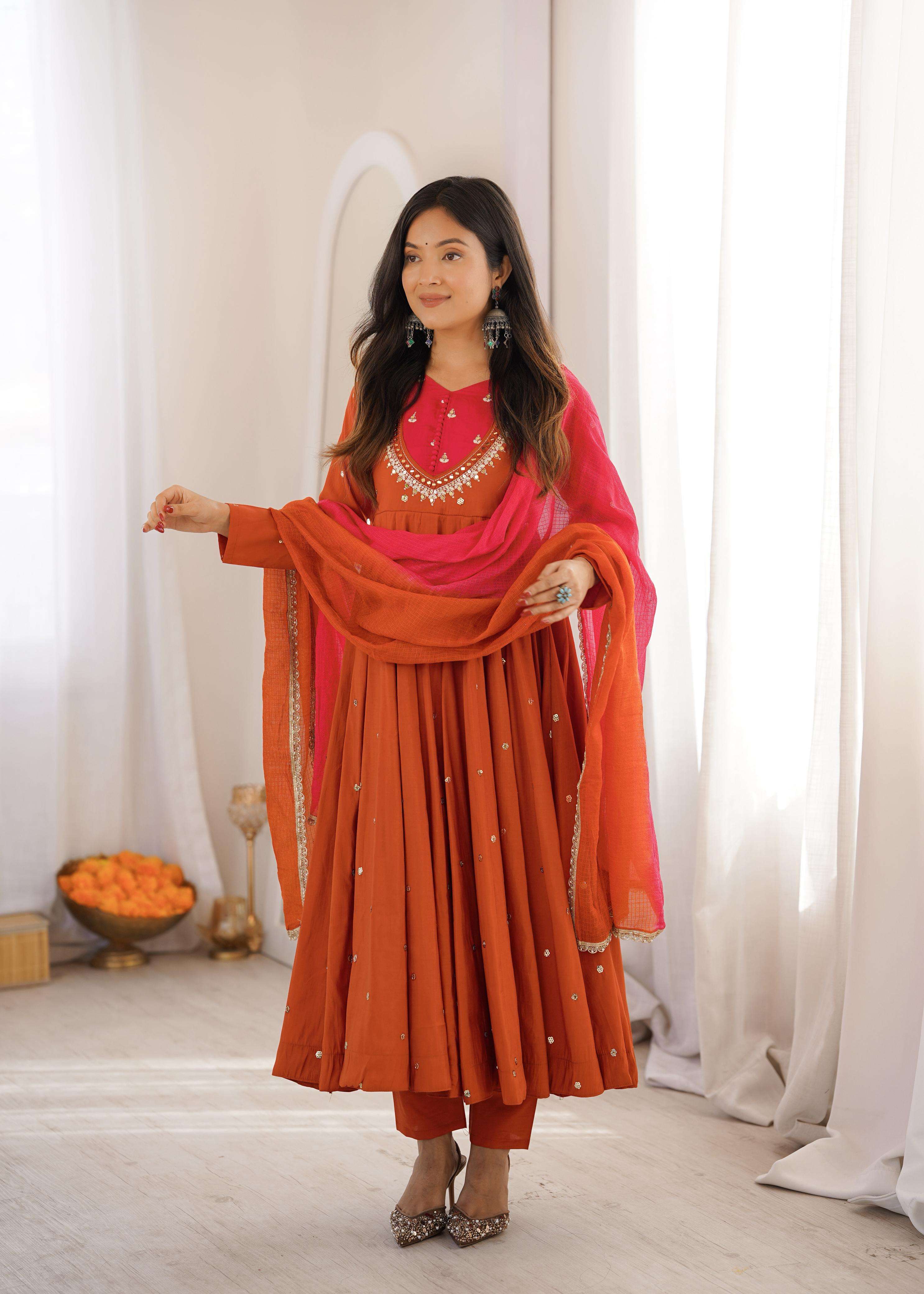 ZF 5023 SILK SEQUENCE EMBROIDERY DESIGNER WORK READY MADE ANARKALI GOWN STYLE SUIT