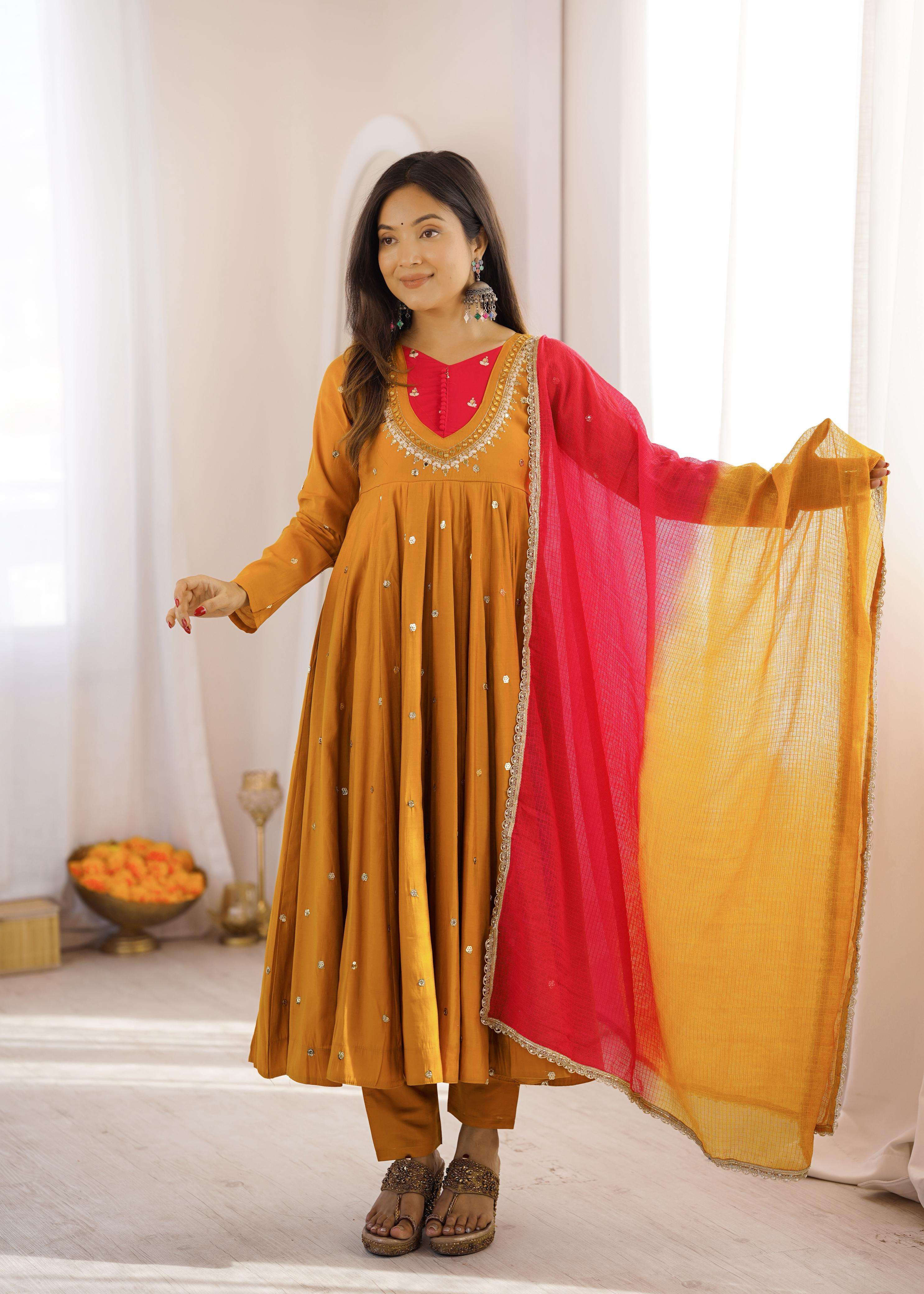 ZF 5023 SILK SEQUENCE EMBROIDERY DESIGNER WORK READY MADE ANARKALI GOWN STYLE SUIT