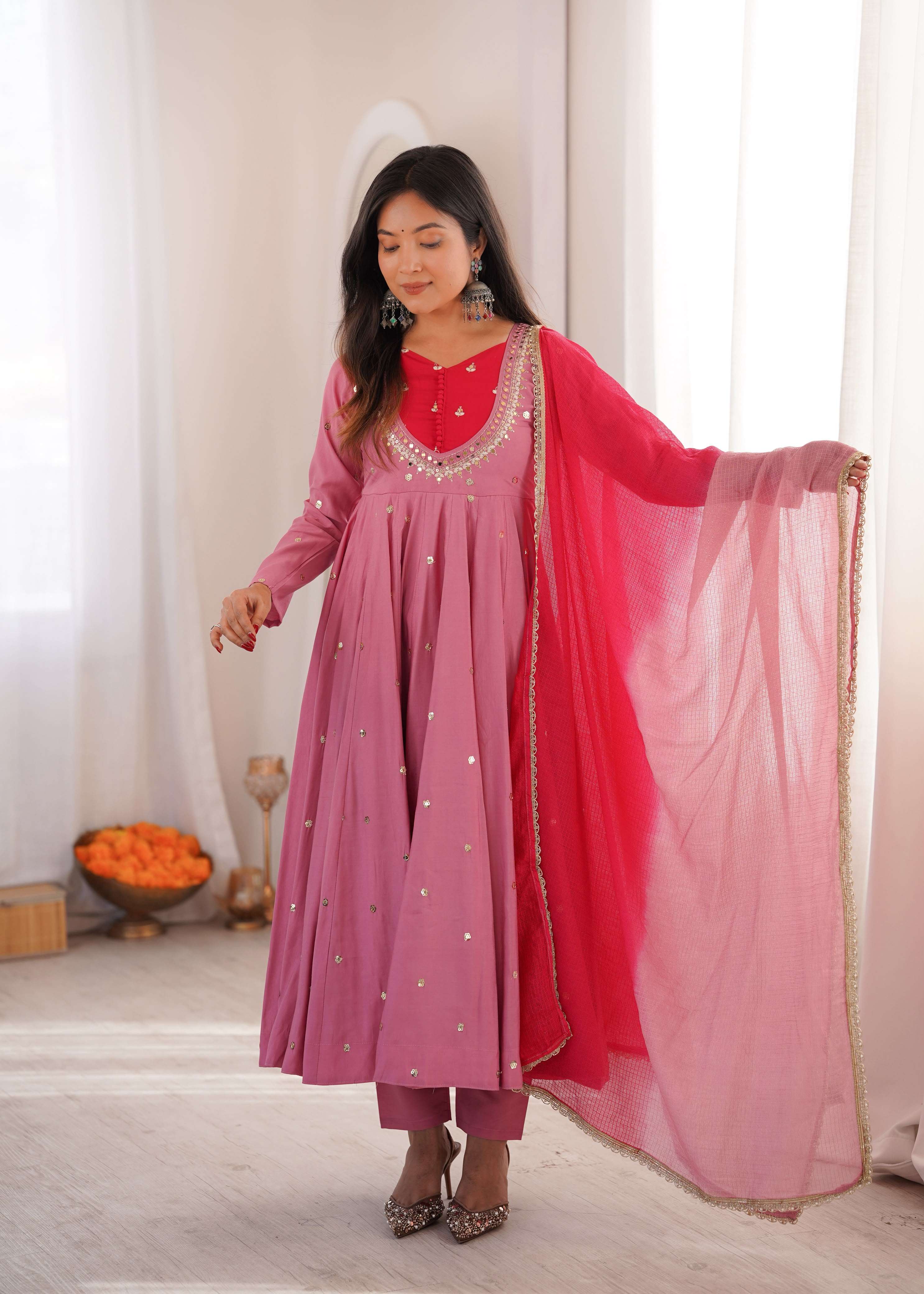 ZF 5023 SILK SEQUENCE EMBROIDERY DESIGNER WORK READY MADE ANARKALI GOWN STYLE SUIT