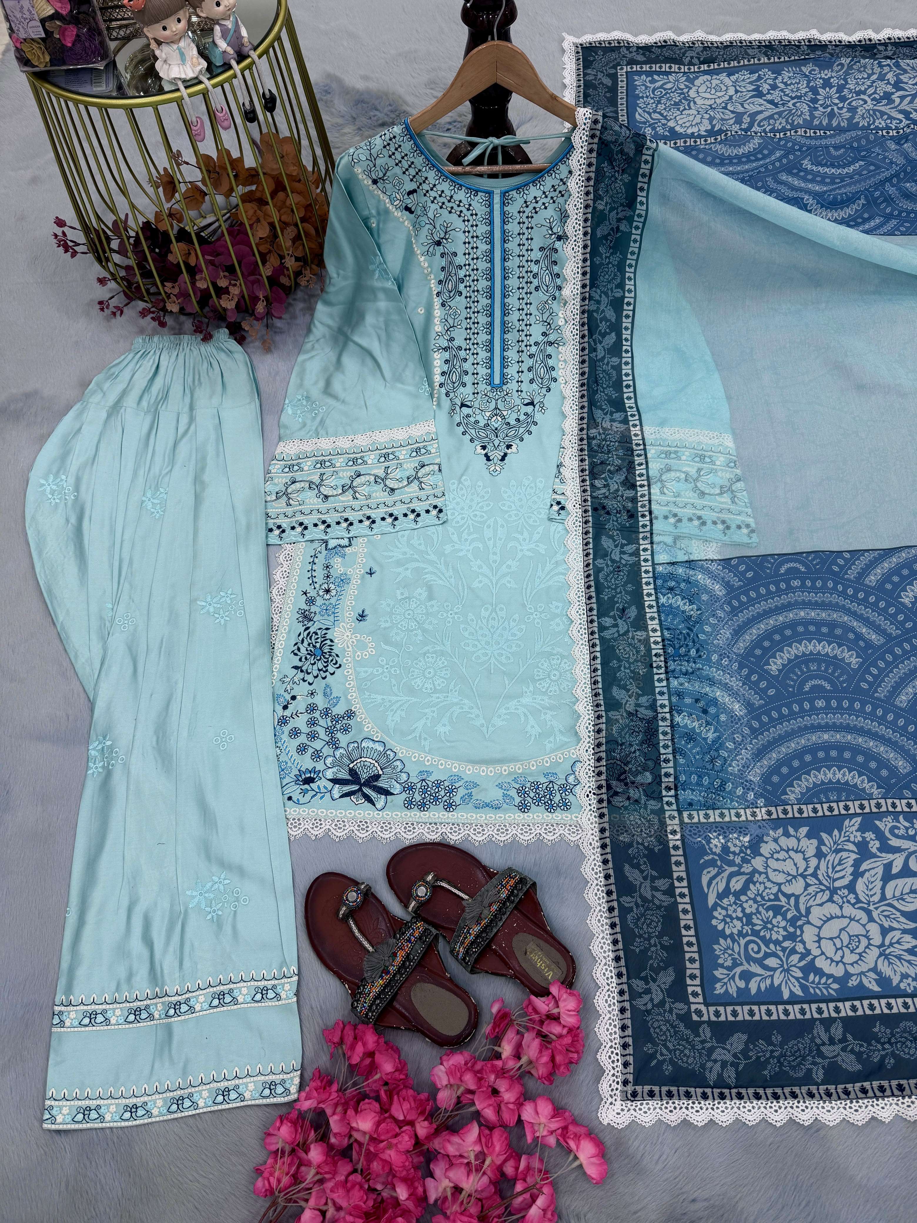 AD 233 RAYON FANCY DESIGNER WORK PAKISTANI PATTERN TOP FARSHI PLAZZO AND DUPATTA SET 
