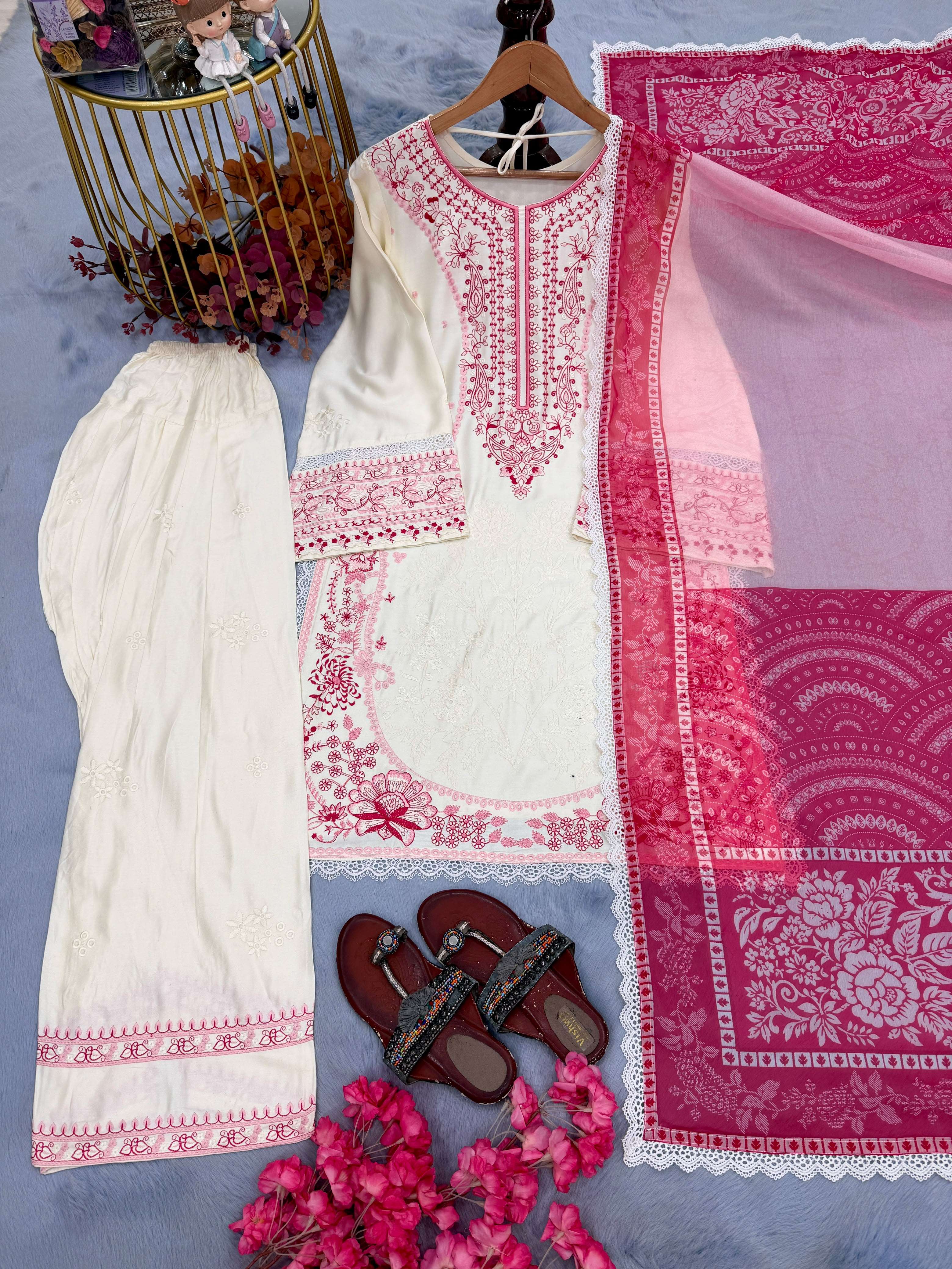 AD 233 RAYON FANCY DESIGNER WORK PAKISTANI PATTERN TOP FARSHI PLAZZO AND DUPATTA SET 