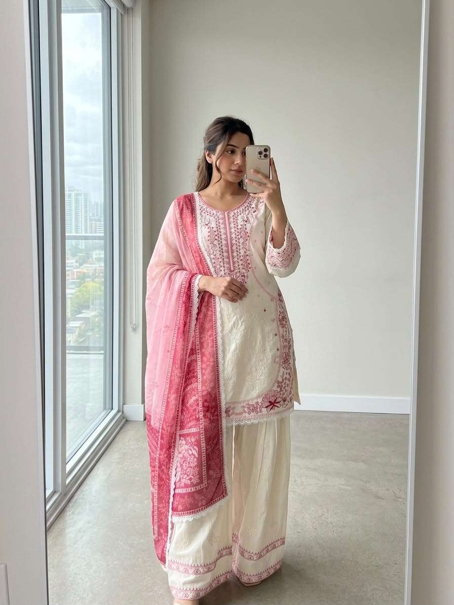 AD 233 RAYON FANCY DESIGNER WORK PAKISTANI PATTERN TOP FARSHI PLAZZO AND DUPATTA SET 