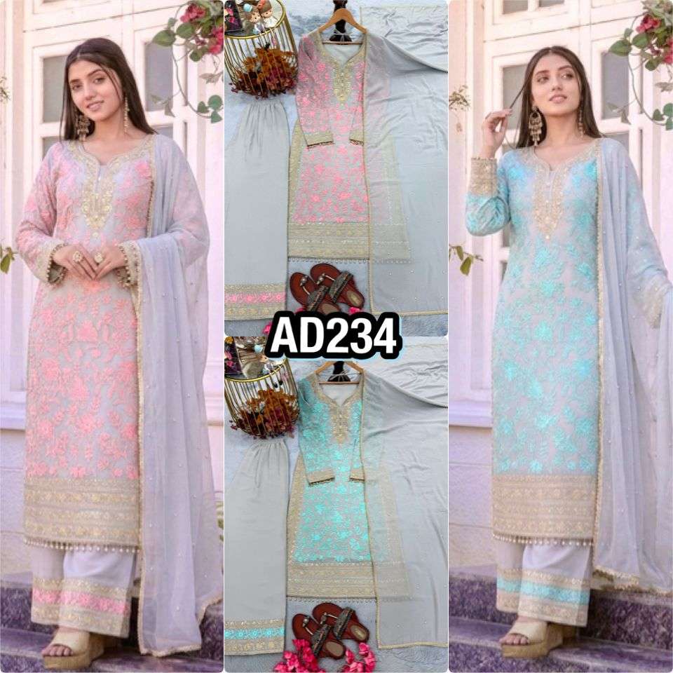 AD 234 FOX GEORGETTE DESIGNER PARTY WEAR LADIES TOP PLAZZO AND DUPATTA SET 