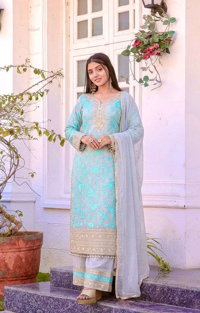 AD 234 FOX GEORGETTE DESIGNER PARTY WEAR LADIES TOP PLAZZO AND DUPATTA SET 