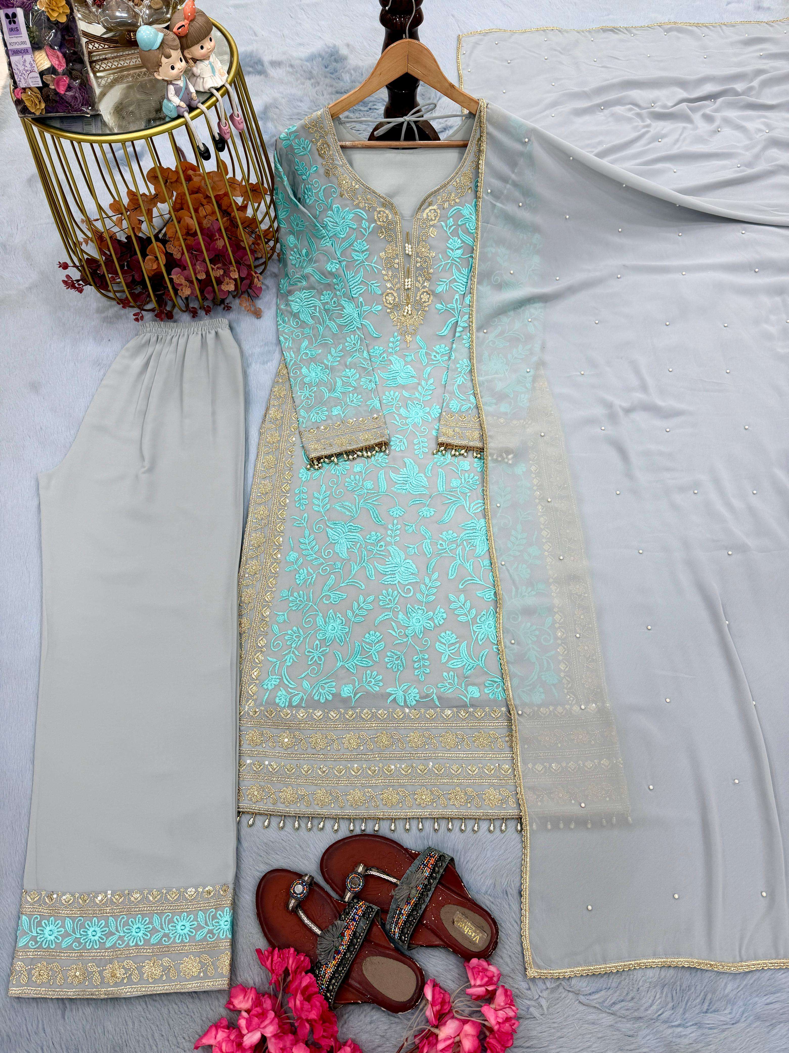 AD 234 FOX GEORGETTE DESIGNER PARTY WEAR LADIES TOP PLAZZO AND DUPATTA SET 