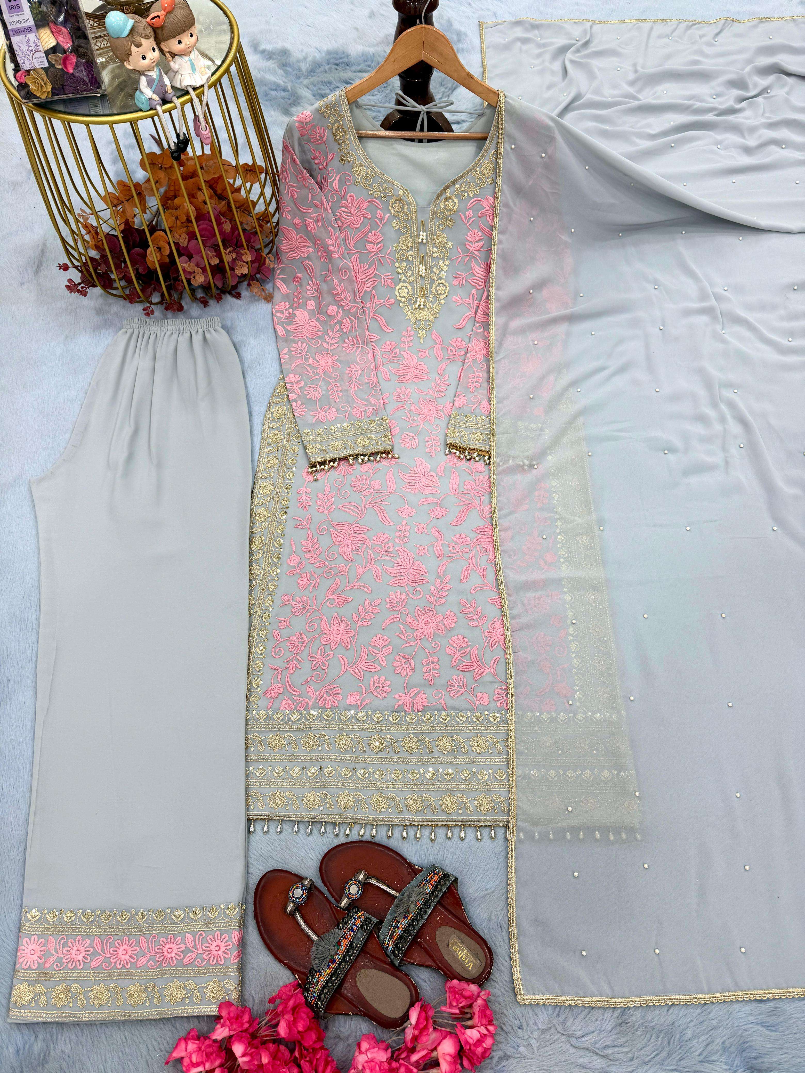 AD 234 FOX GEORGETTE DESIGNER PARTY WEAR LADIES TOP PLAZZO AND DUPATTA SET 
