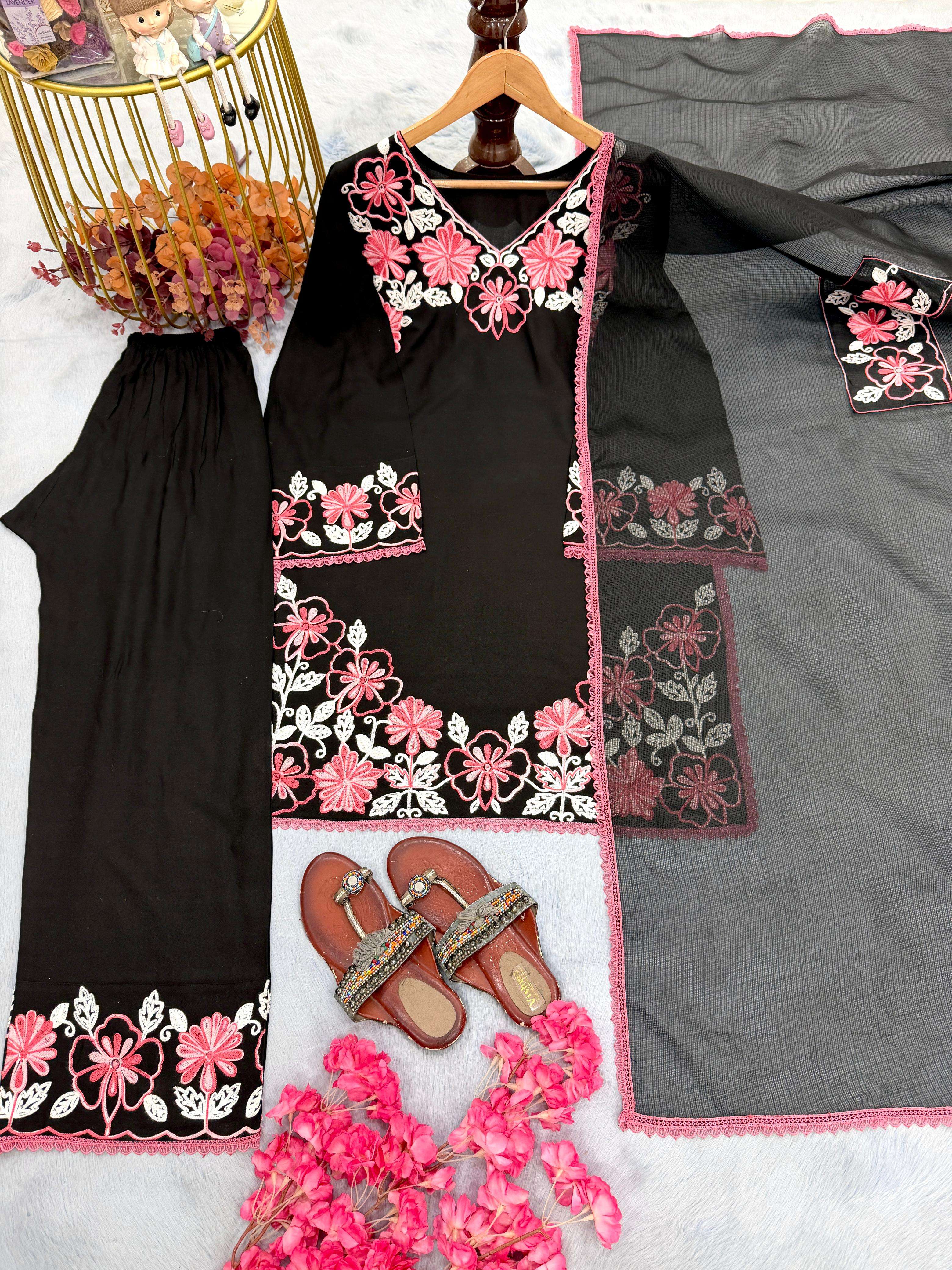 AD 235 RAYON FANCY DESIGNER LOOK PARTY WEAR LADIES TOP FARSHI PLAZZO AND DUPATTA SET 
