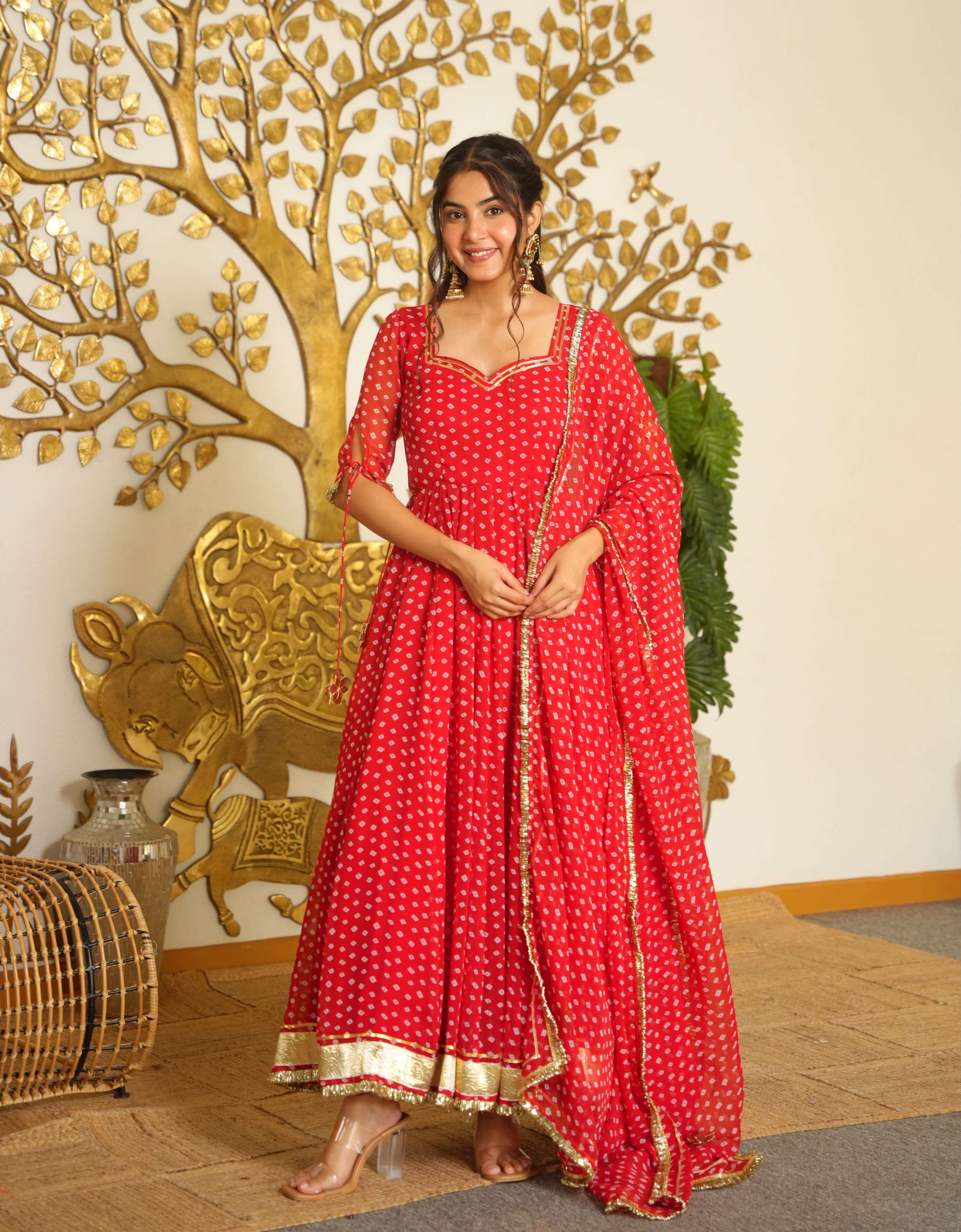 AD 239 GEORGETTE BANDHANI PRINT WITH FANCY WORK LADIES GOWN BOTTOM AND DUPATTA SET 