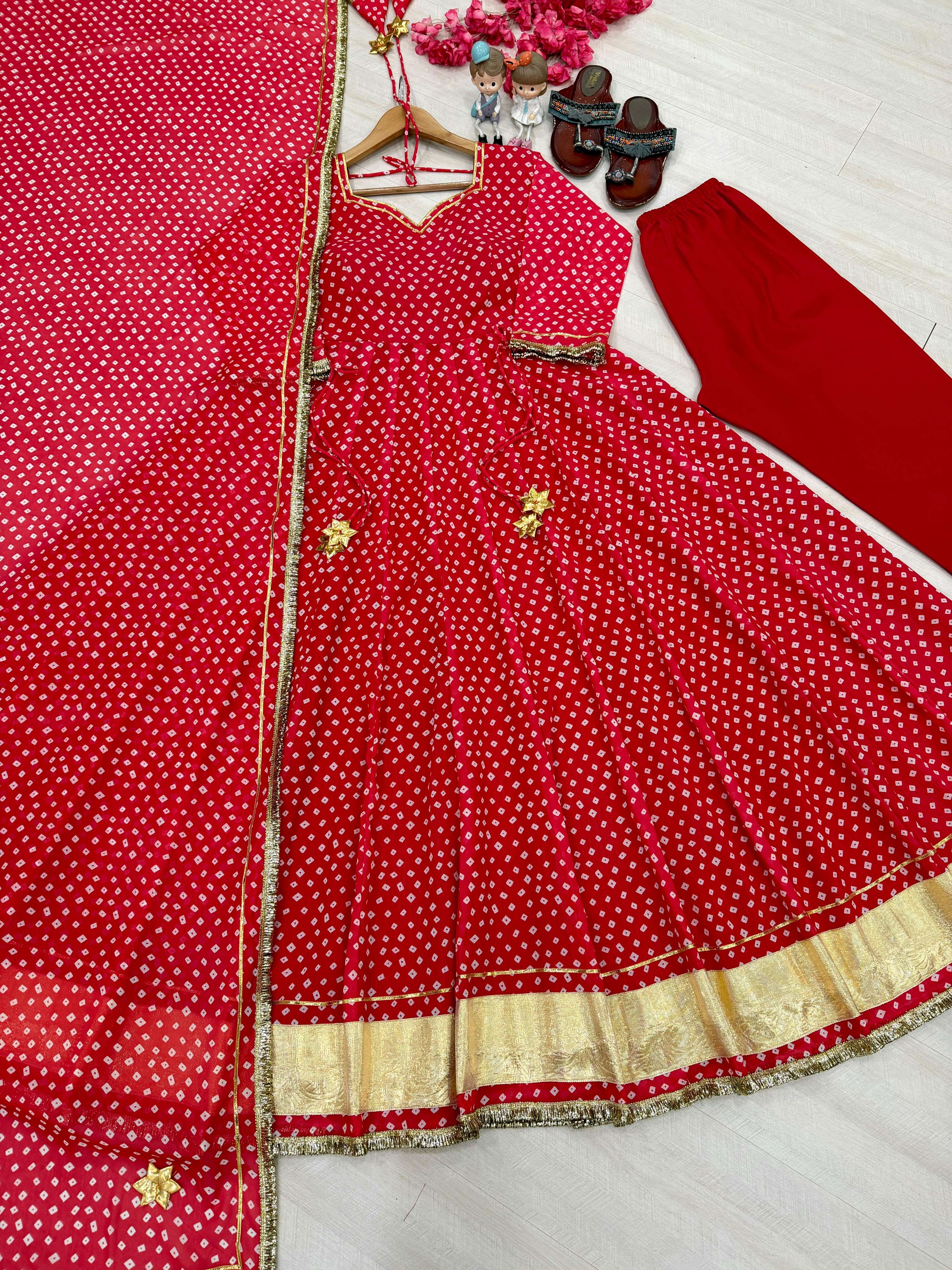 AD 239 GEORGETTE BANDHANI PRINT WITH FANCY WORK LADIES GOWN BOTTOM AND DUPATTA SET 