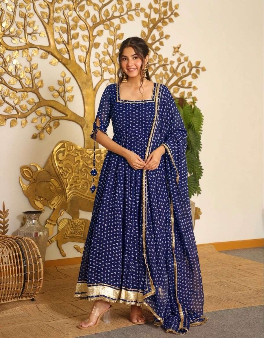 AD 239 GEORGETTE BANDHANI PRINT WITH FANCY WORK LADIES GOWN BOTTOM AND DUPATTA SET 