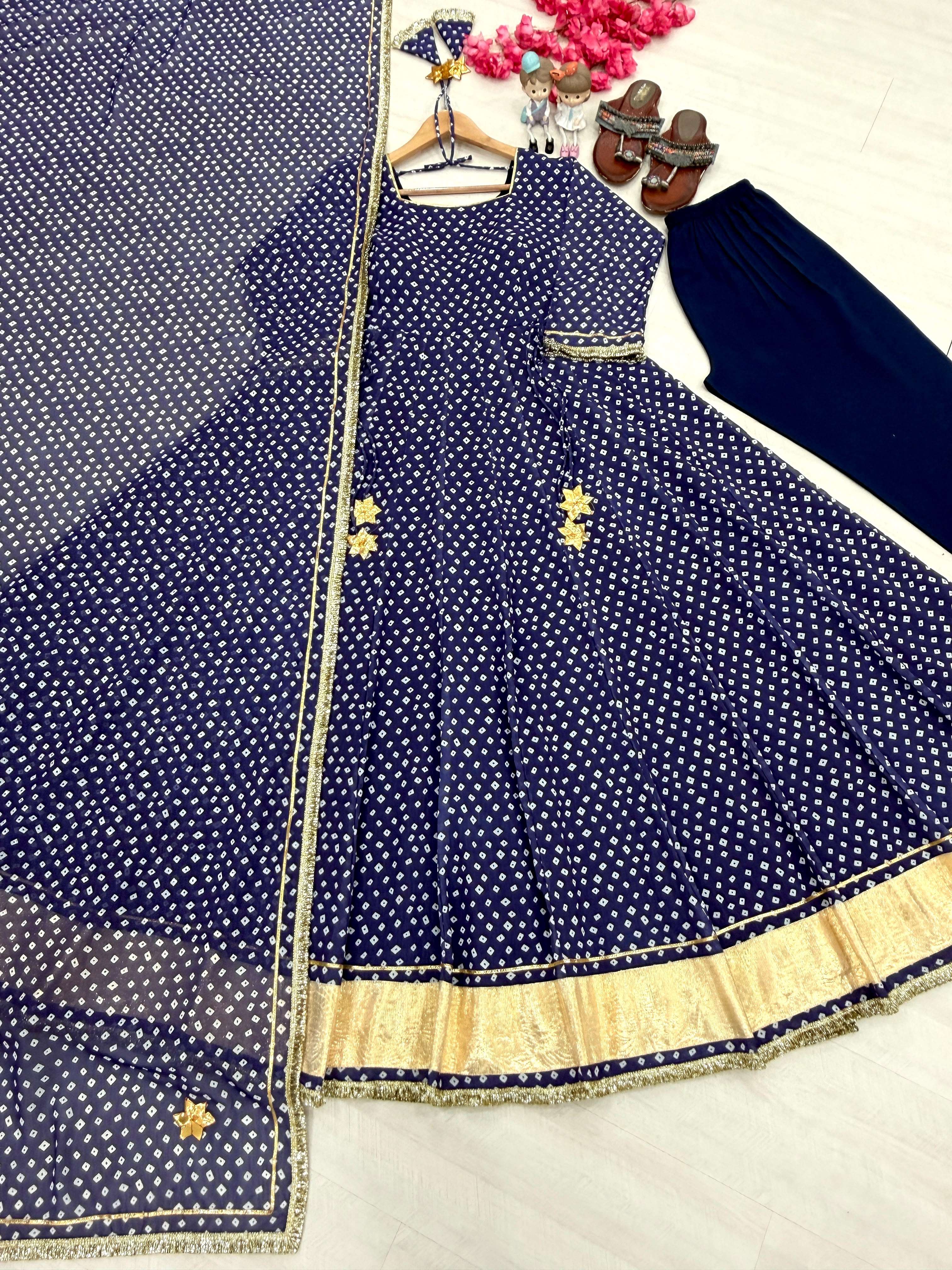 AD 239 GEORGETTE BANDHANI PRINT WITH FANCY WORK LADIES GOWN BOTTOM AND DUPATTA SET 