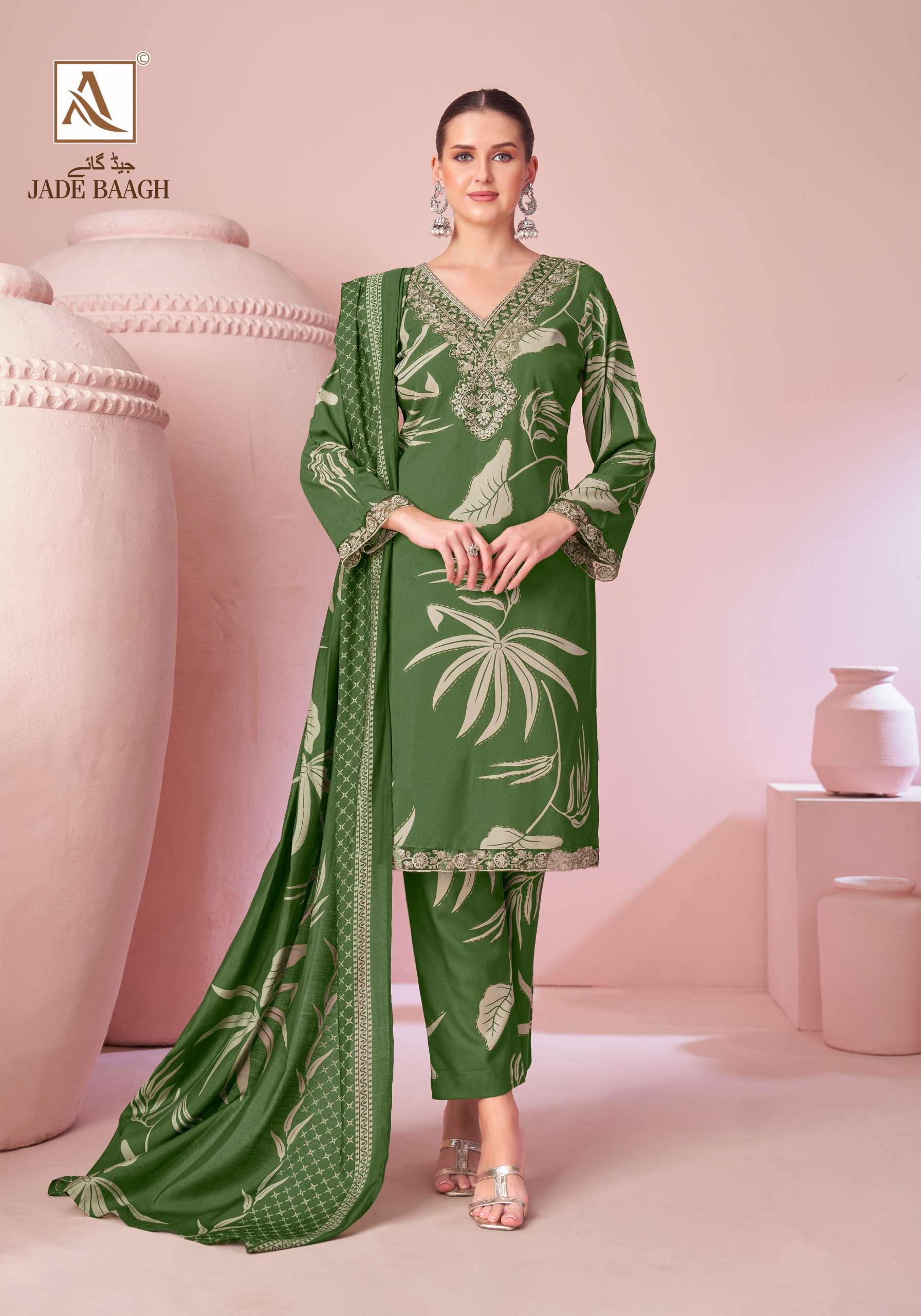 ALOK SUITS JADE BAGH VISCOSE FOIL PRINT WITH FANCY EMBROIDERY WORK SUIT