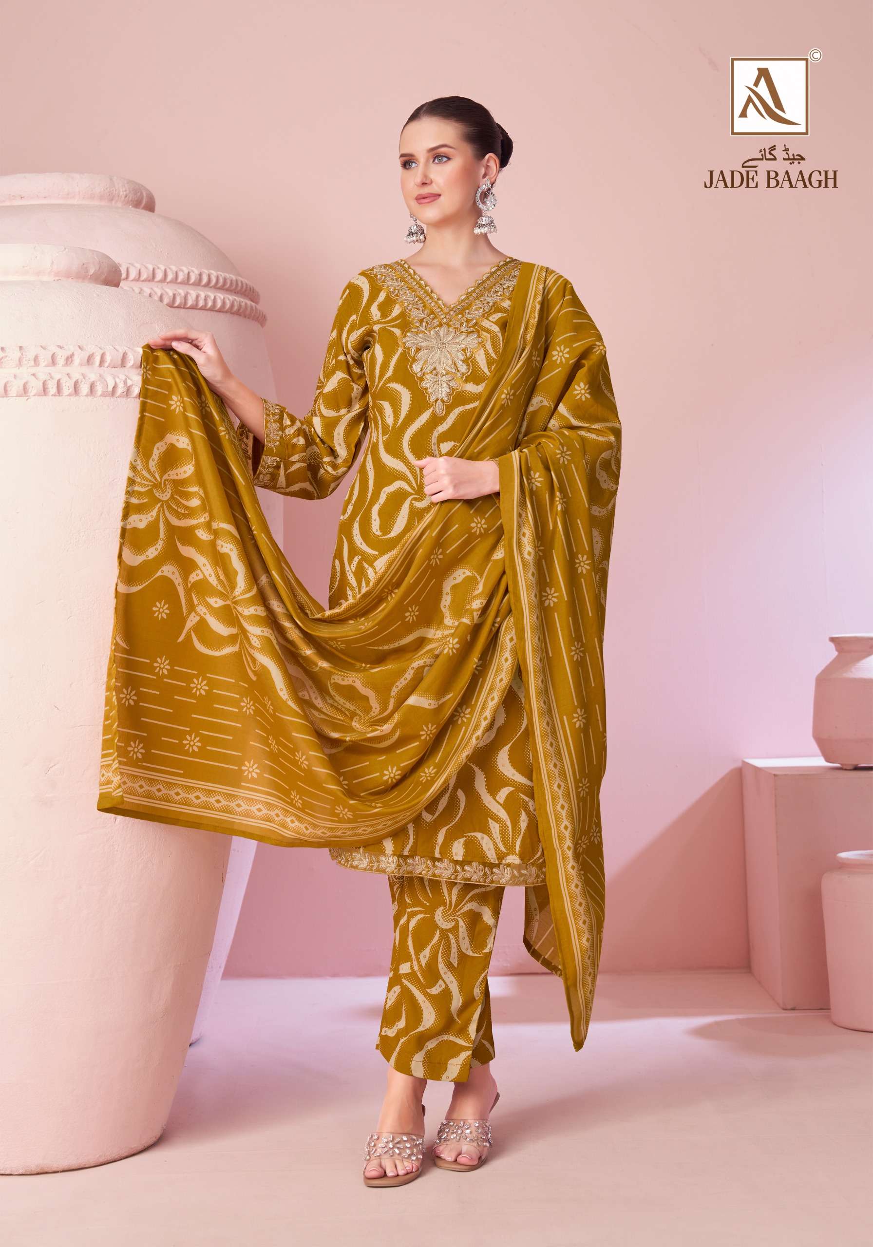 ALOK SUITS JADE BAGH VISCOSE FOIL PRINT WITH FANCY EMBROIDERY WORK SUIT