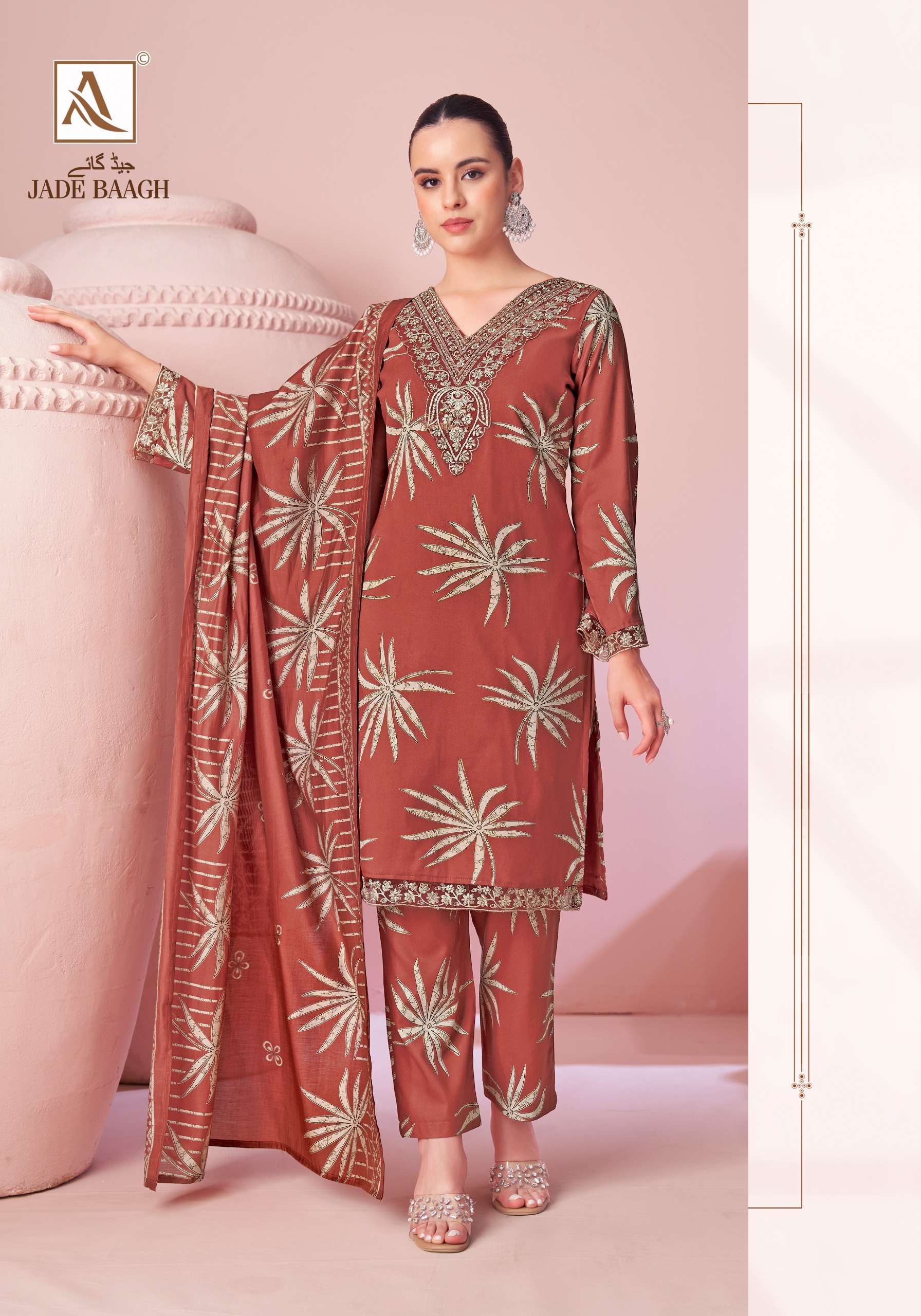 ALOK SUITS JADE BAGH VISCOSE FOIL PRINT WITH FANCY EMBROIDERY WORK SUIT